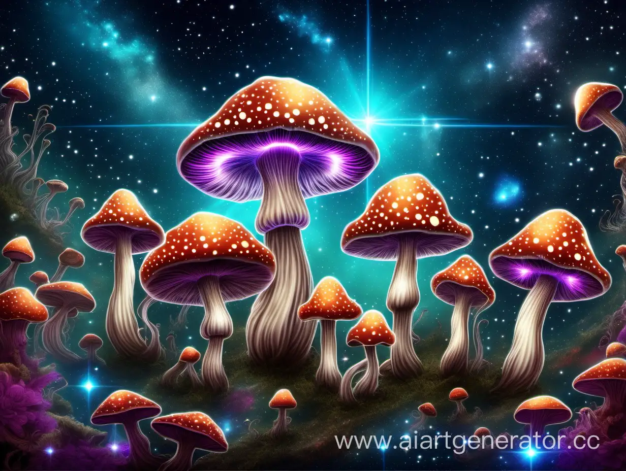 Яркие  космические фантастические  грибы, в центре место для надписи