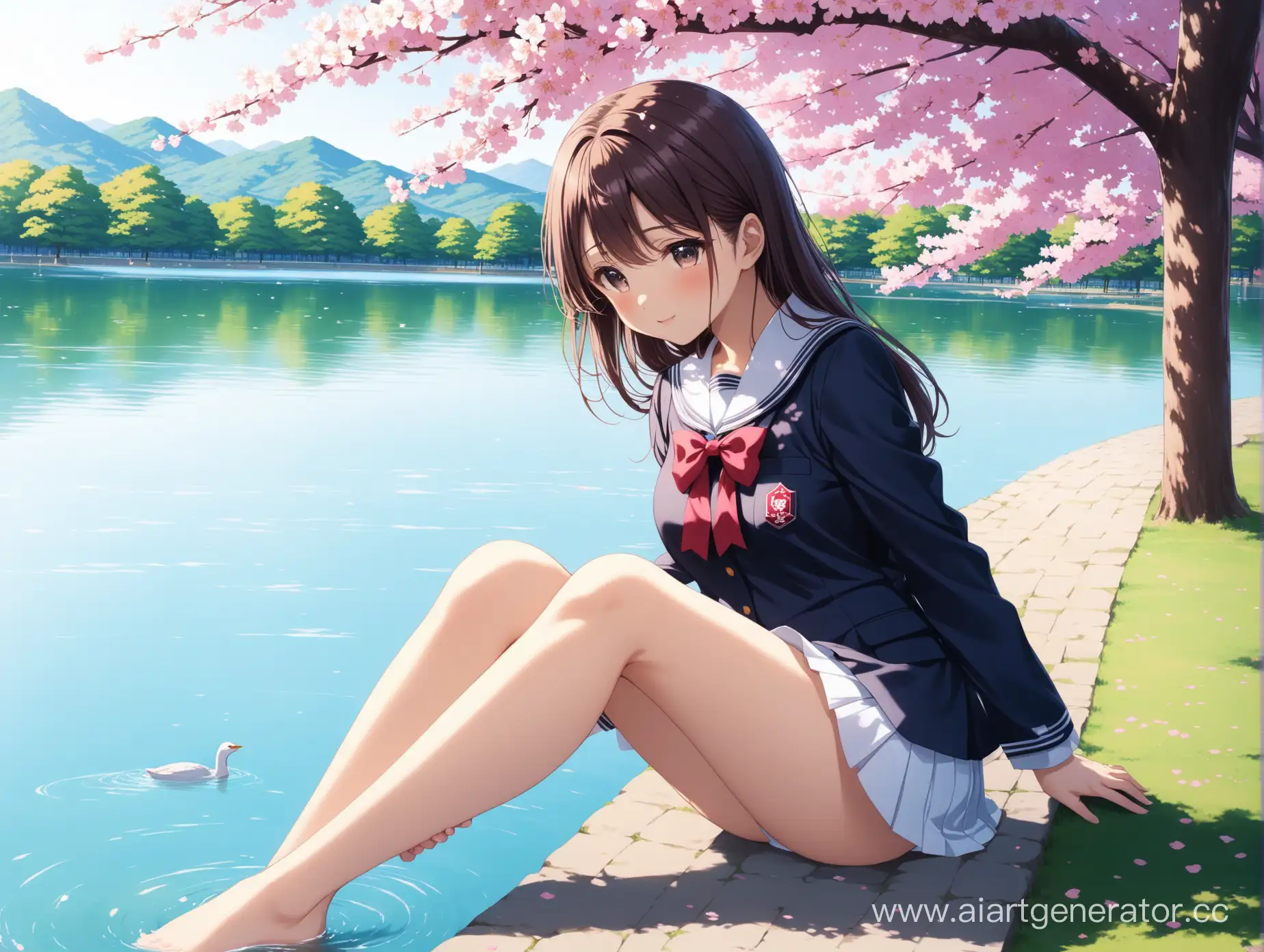 Japanese-Schoolgirl-Relaxing-by-Sakura-Park-Lake-in-Uniform