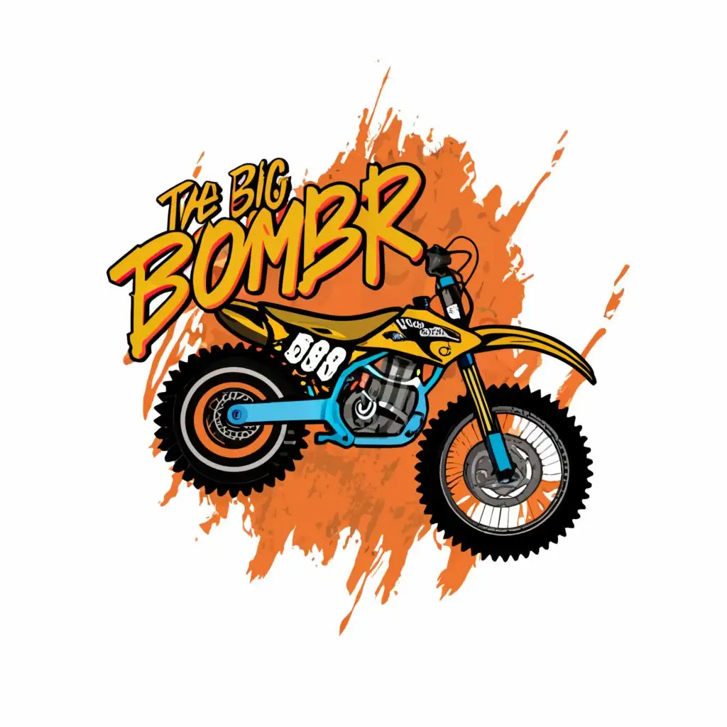 a logo design,with the text "The BIG BOMBER", main symbol:logo of an offroad bike in spray paint