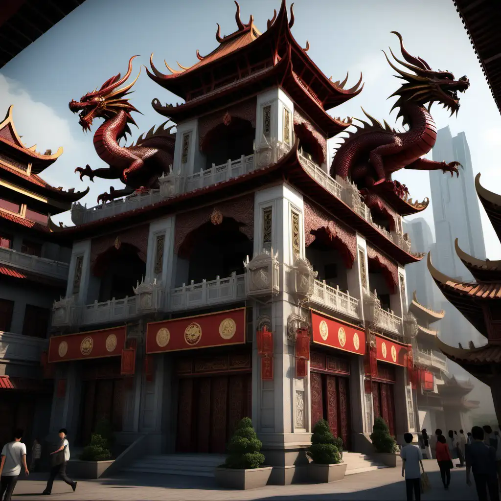 an urban enclave infused with dragon motifs. Buildings bear dragon-scale patterns, and the streets are adorned with regal banners featuring dragon emblems. Central gathering areas showcase statues of majestic dragons, symbolizing the dynasty's dominance. The atmosphere is charged with an air of mythical authority, blending dragon-themed urban aesthetics to create a majestic realm where the Dragonheart Dynasty asserts its mythical influence.