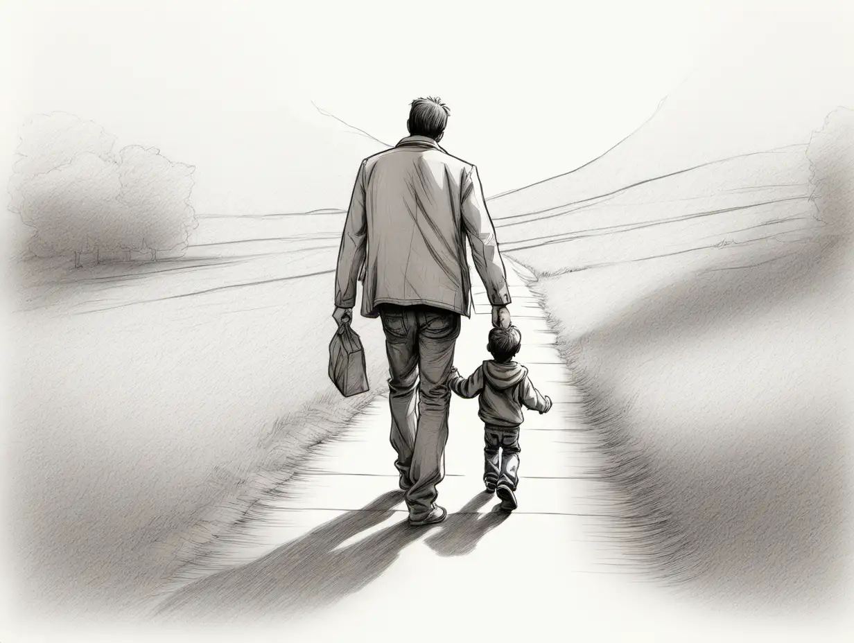dibujo de un padre y su hijo de espaldas paseando 