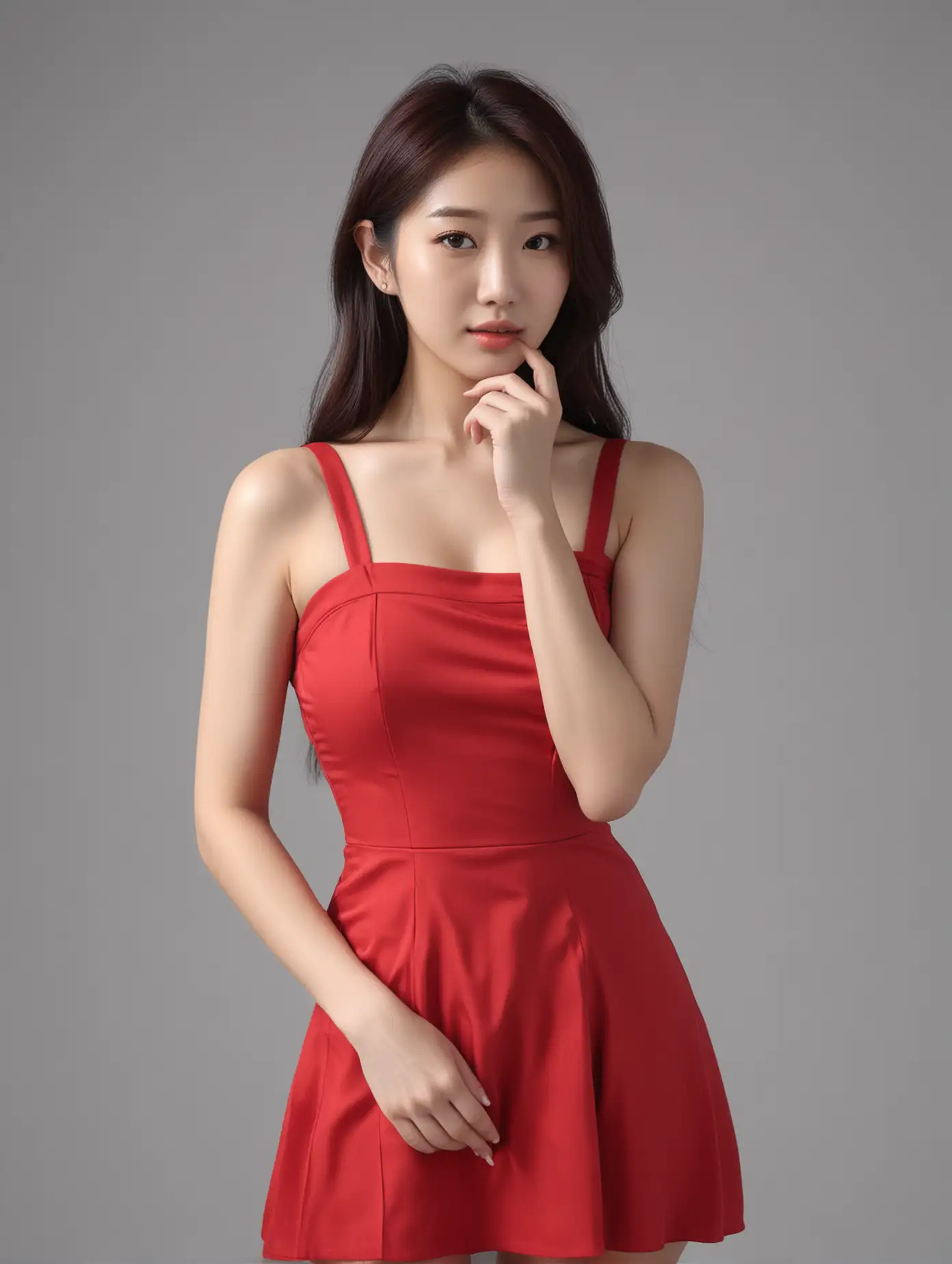 Sultry Korean Woman in Vivid Red Dress on Monochrome Canvas