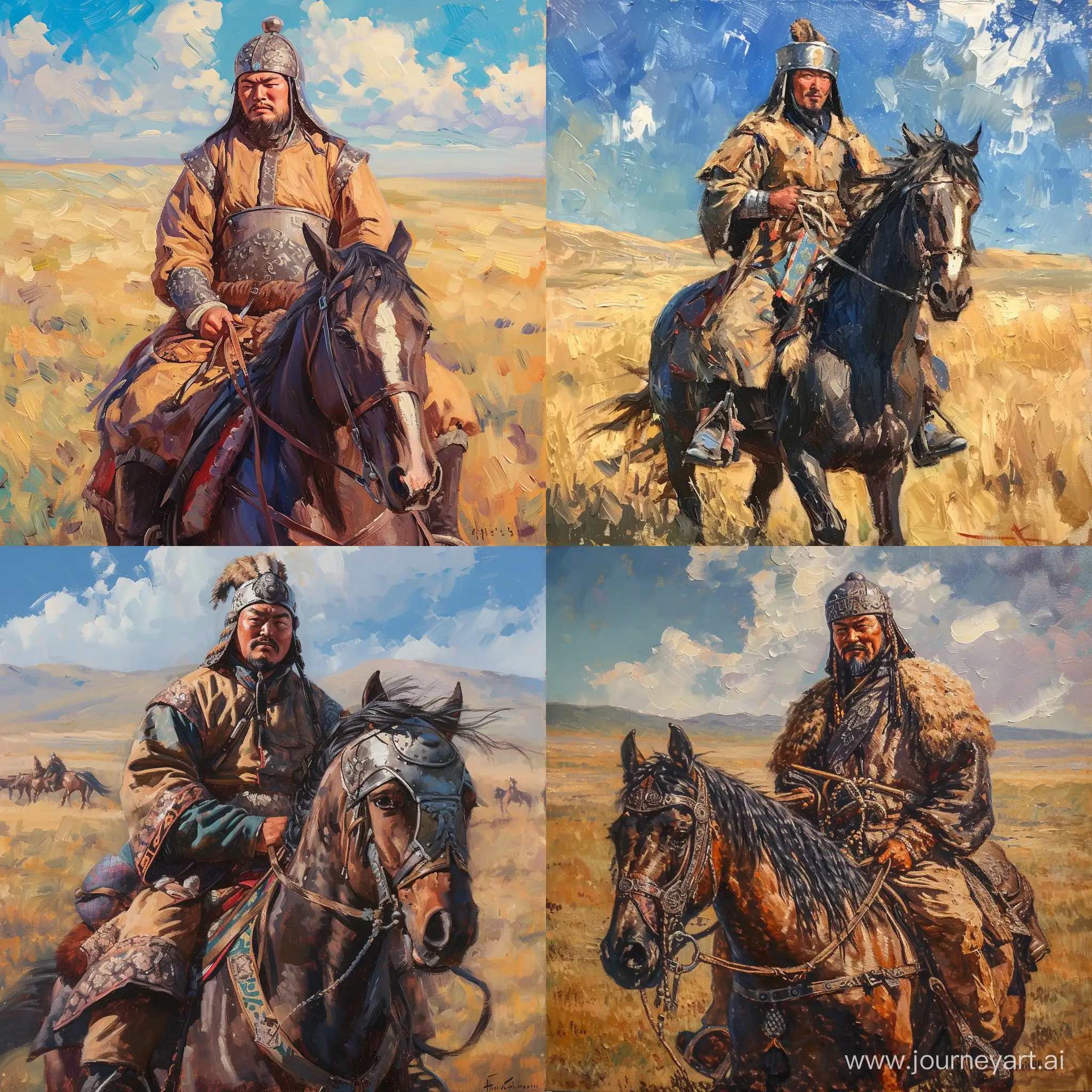 Genghis-Khan-Riding-His-Horse-Across-the-Vast-Mongolian-Steppe-Traditional-Attire-Depicted-in-Dynamic-Oil-Painting