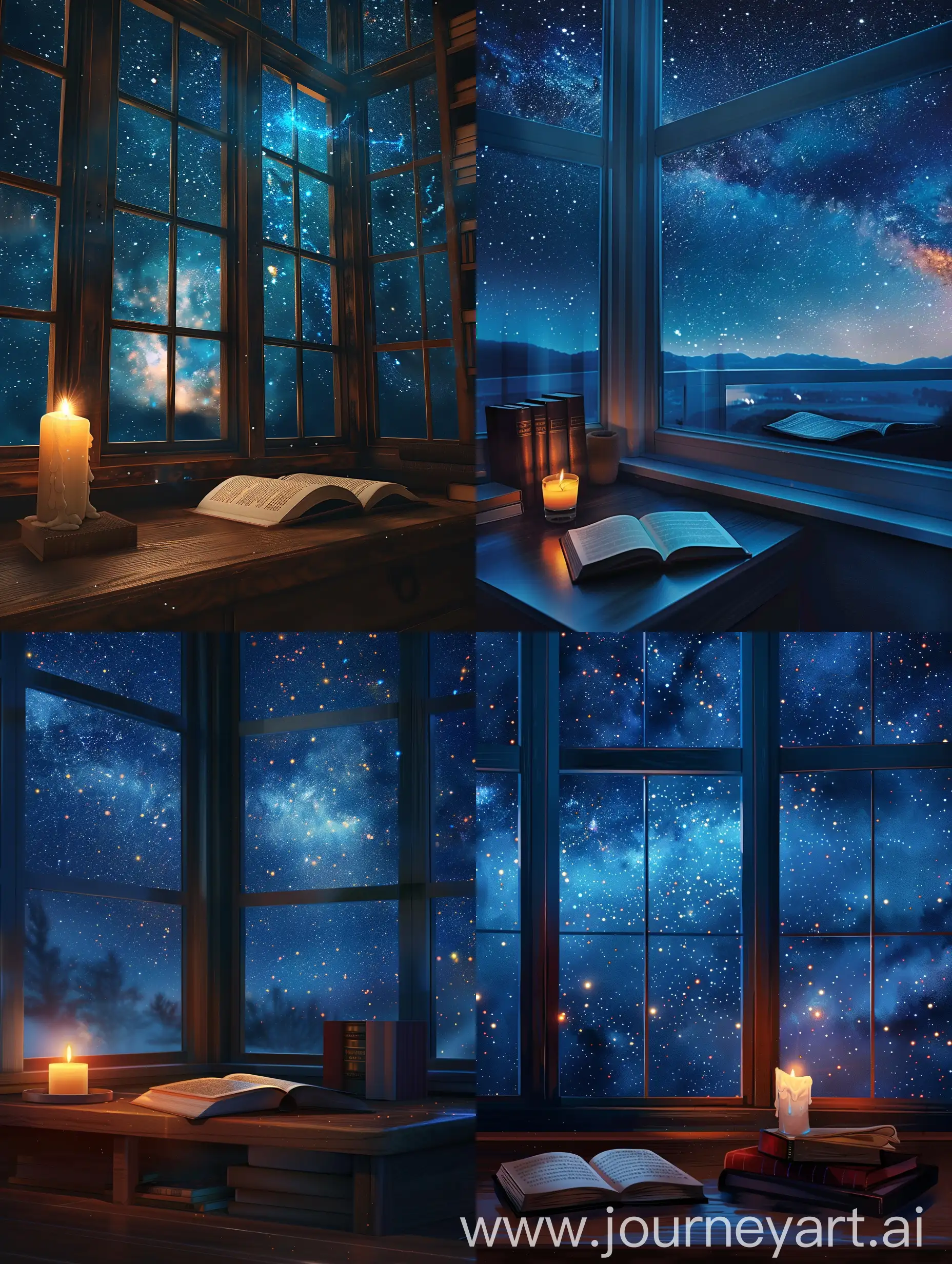 Cozy-Study-Room-with-Starry-Sky-View-and-Illuminated-Book