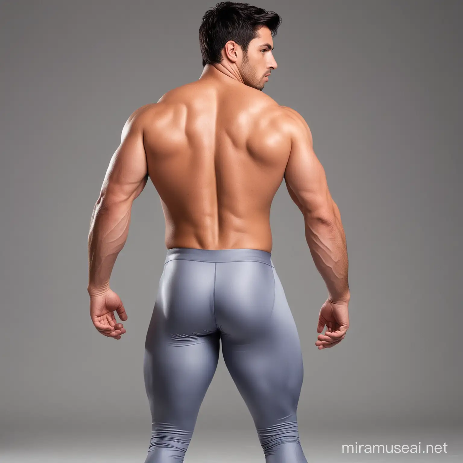 Charming shirtless muscular 28 year old male Argentine wrestler, with short black hair, slight tanned skin and grey eyes, wearing  long periwinkle spandex leggings, well defined buttocks, rear view, in cartoon network style.