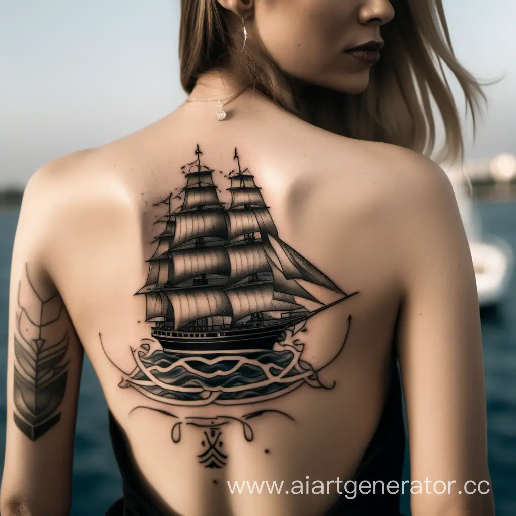 Небольшая черная татуировка в виде элегантного корабля на теле у девушки 35 лет имеющей светлый волосы. Девушка стоит на палубе яхты. Девушка одета в платье. Татуировка видна из под платья.