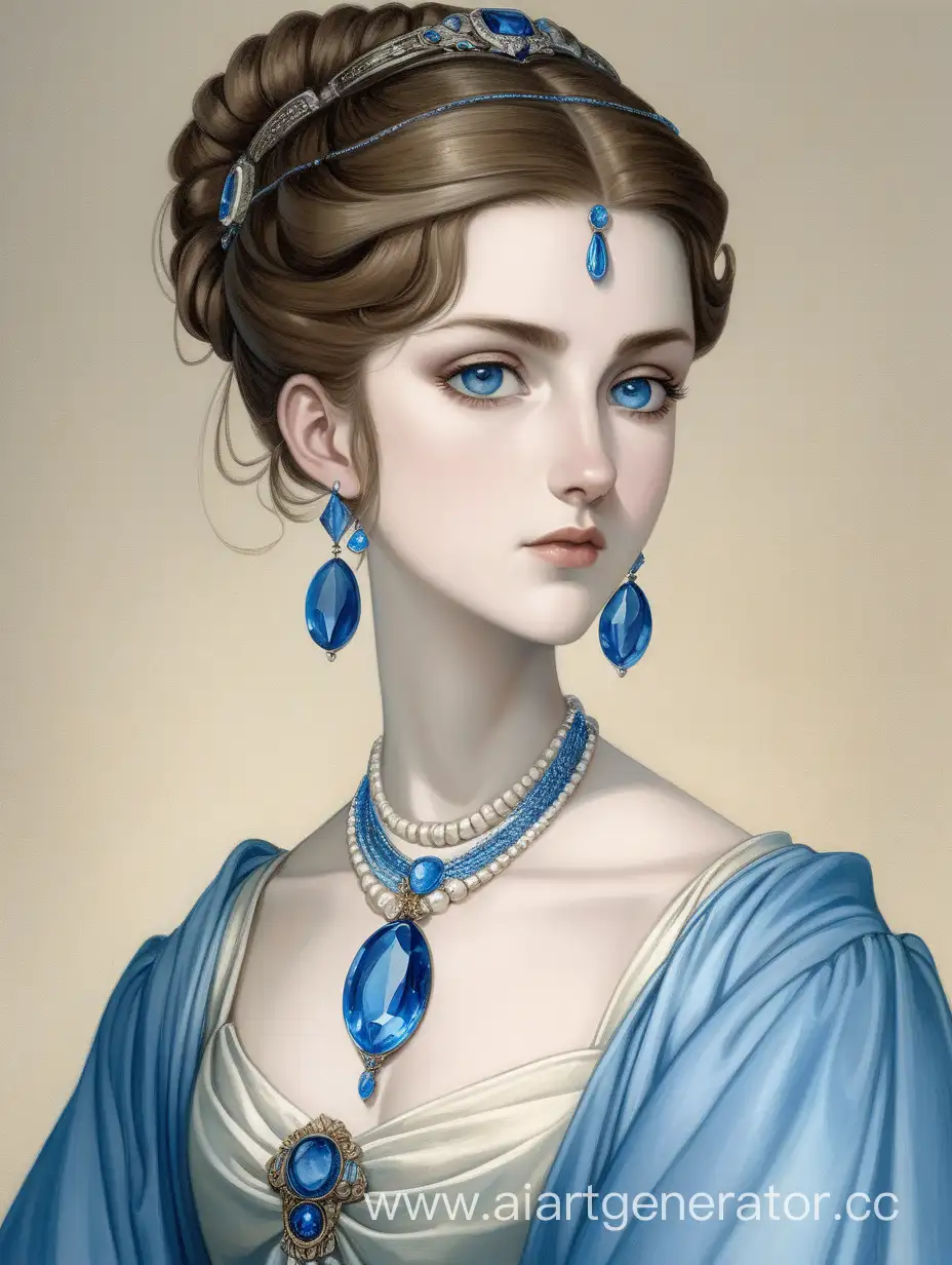 A tall, serious woman. A countess with pale skin and brown hair beautifully tied in a bun on her head. A strand of hair falls to the left side of her face. She has blue eyes and blue earrings, and around her neck is an expensive necklace with a large beautiful blue stone in the middle. She wears a pale yellow, almost white expensive dress. Drawn in anime style. 