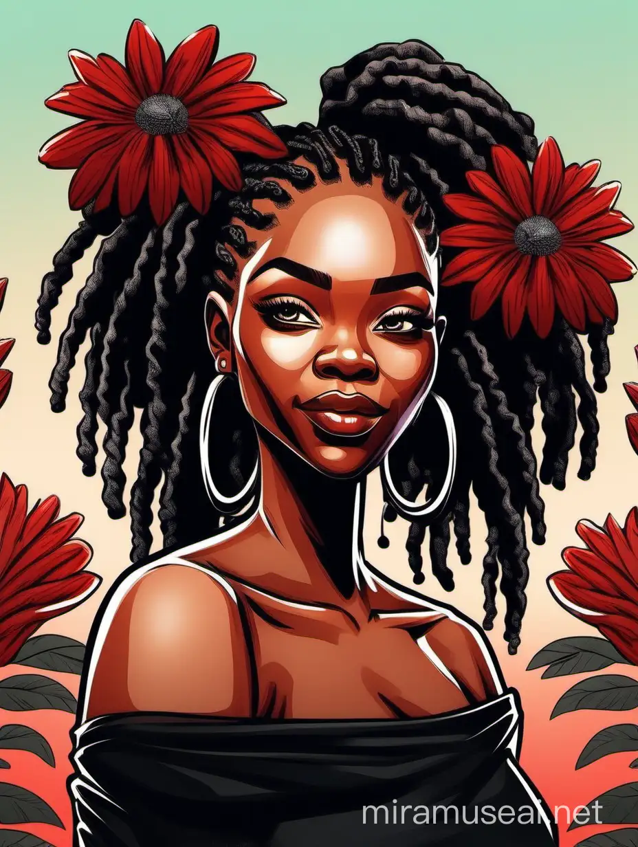 create a magna cartoon style image with exaggerated features, 2k. with a black woman wearing a black off the shoulder blouse, ombre dread locs, background of white, black and red large flowers