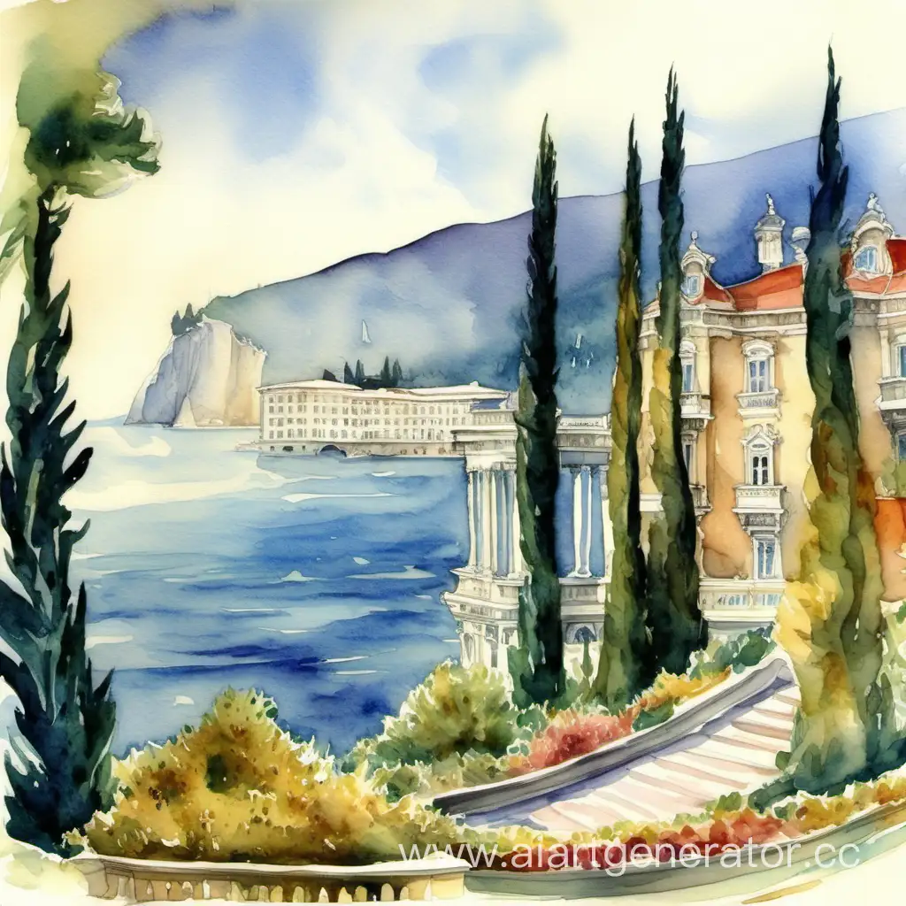 Romantic-Watercolor-Painting-of-Yaltas-Coastal-Landscape-with-Cypresses-and-Palace