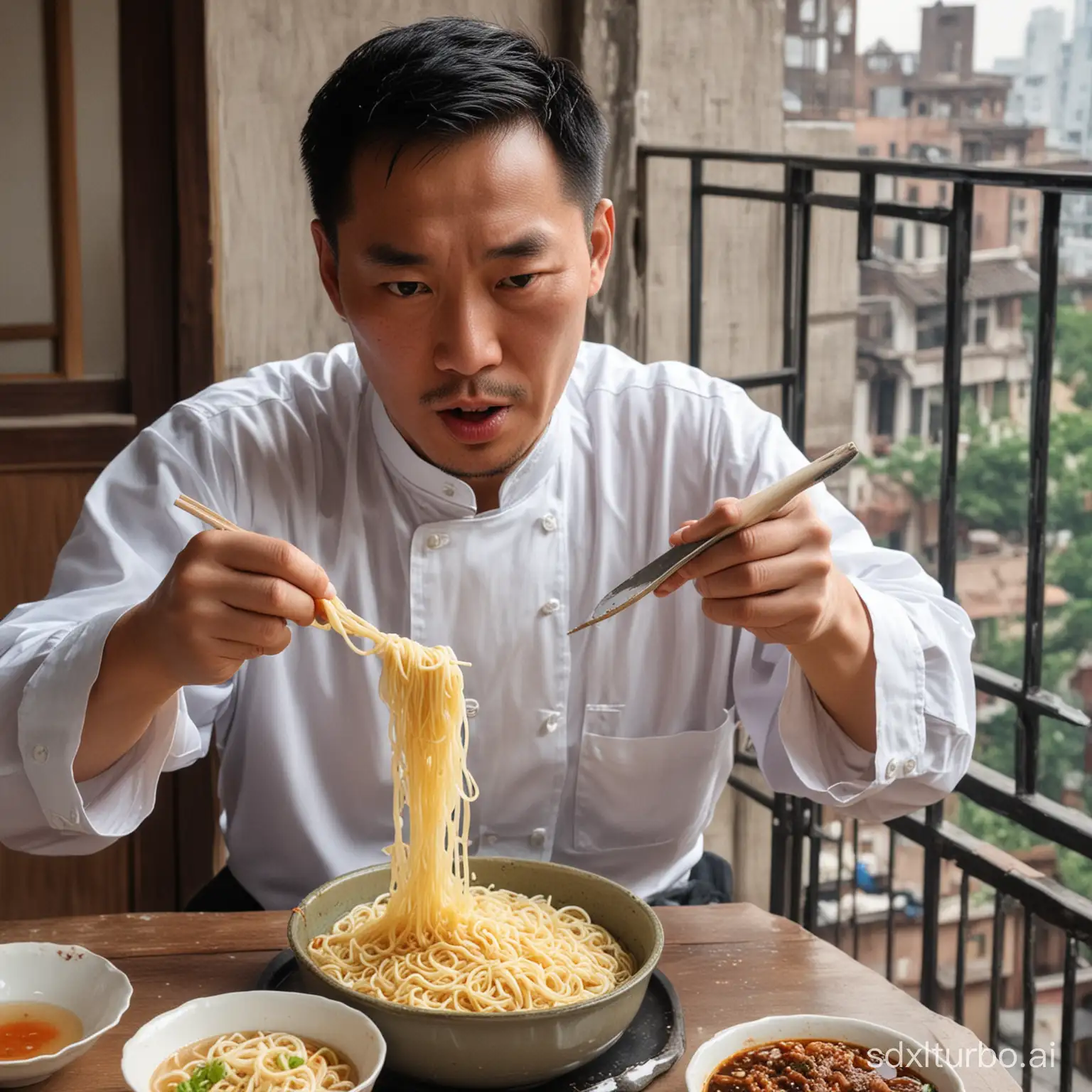 Cheng-Zhiqiang-Enjoying-KnifeCut-Noodles-on-Balcony