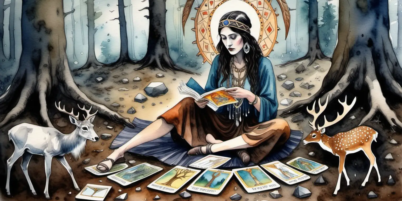  water colour painting  of a gypsy reading ancient  tarot cards while she is sitting on a deerskin on the ground in the  ancient forest deceased ancestors to step through the ancient crystal studded  mirror