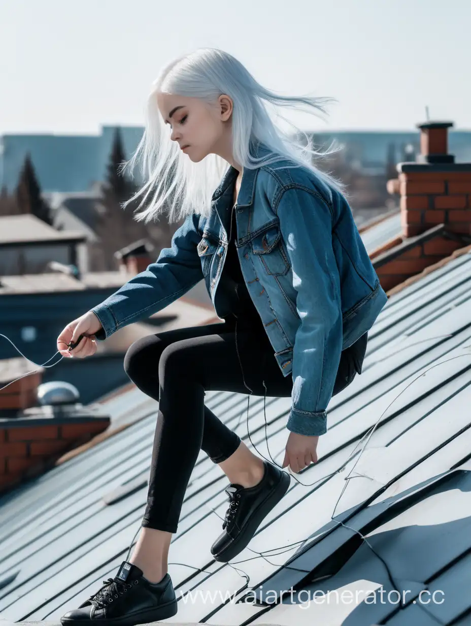 Девушка с белыми волосами в джинсовой куртке и в черных брюках с черными туфлями тянет за нить на крыше