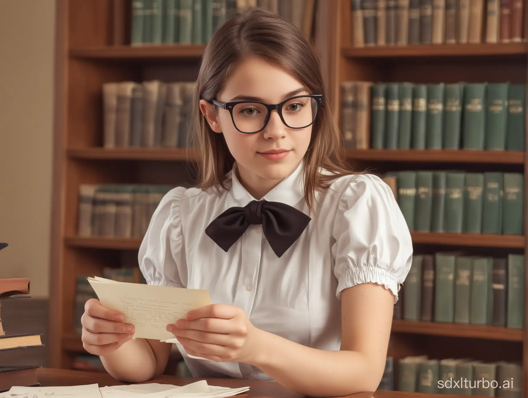una chica bibliotecaria recibe una carta