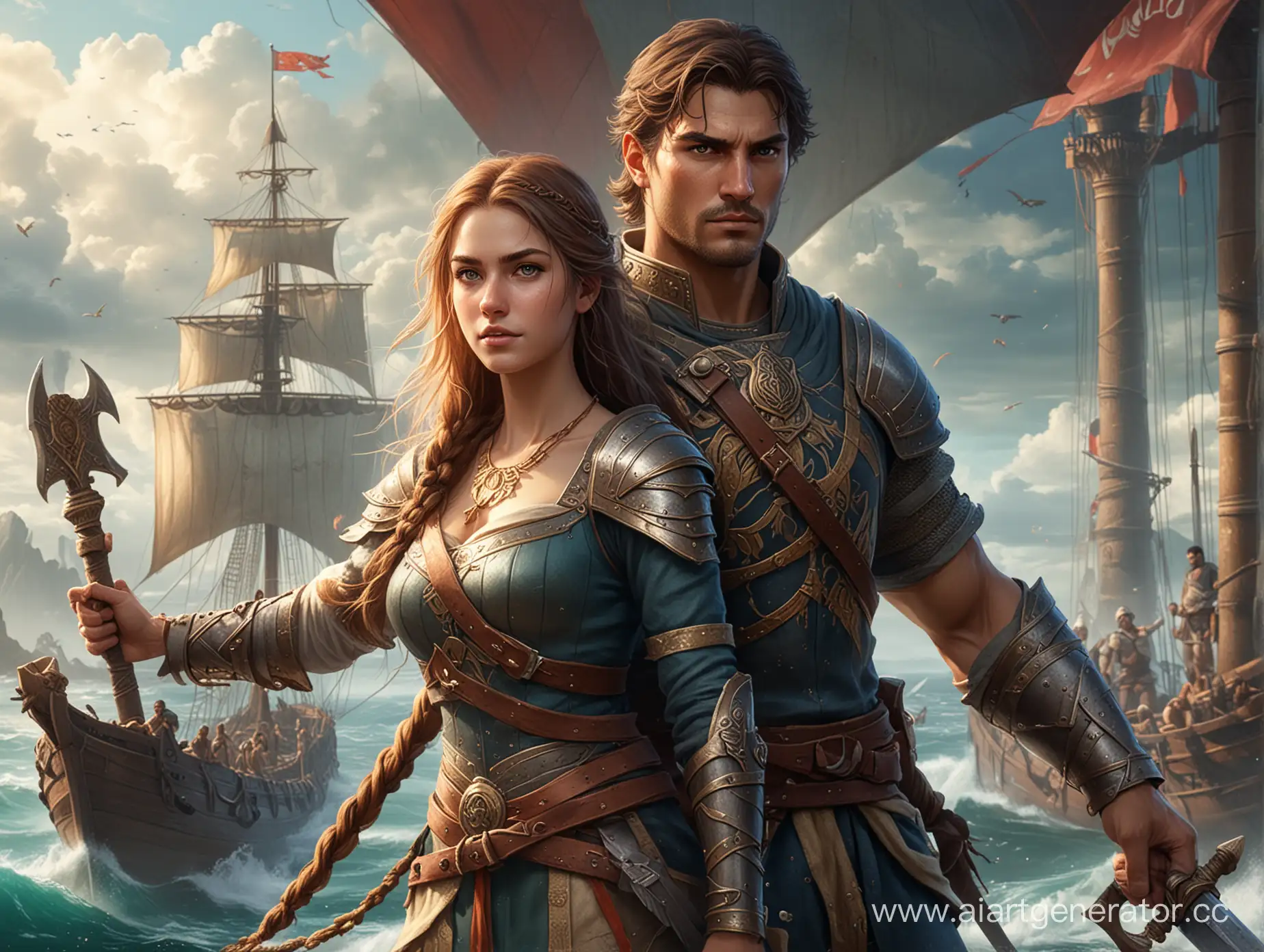 Обложка для эпической игры, древние цивилизации, океаны, корабли, главные персонажи - мужчина воин и девушка в средневековой одежде.