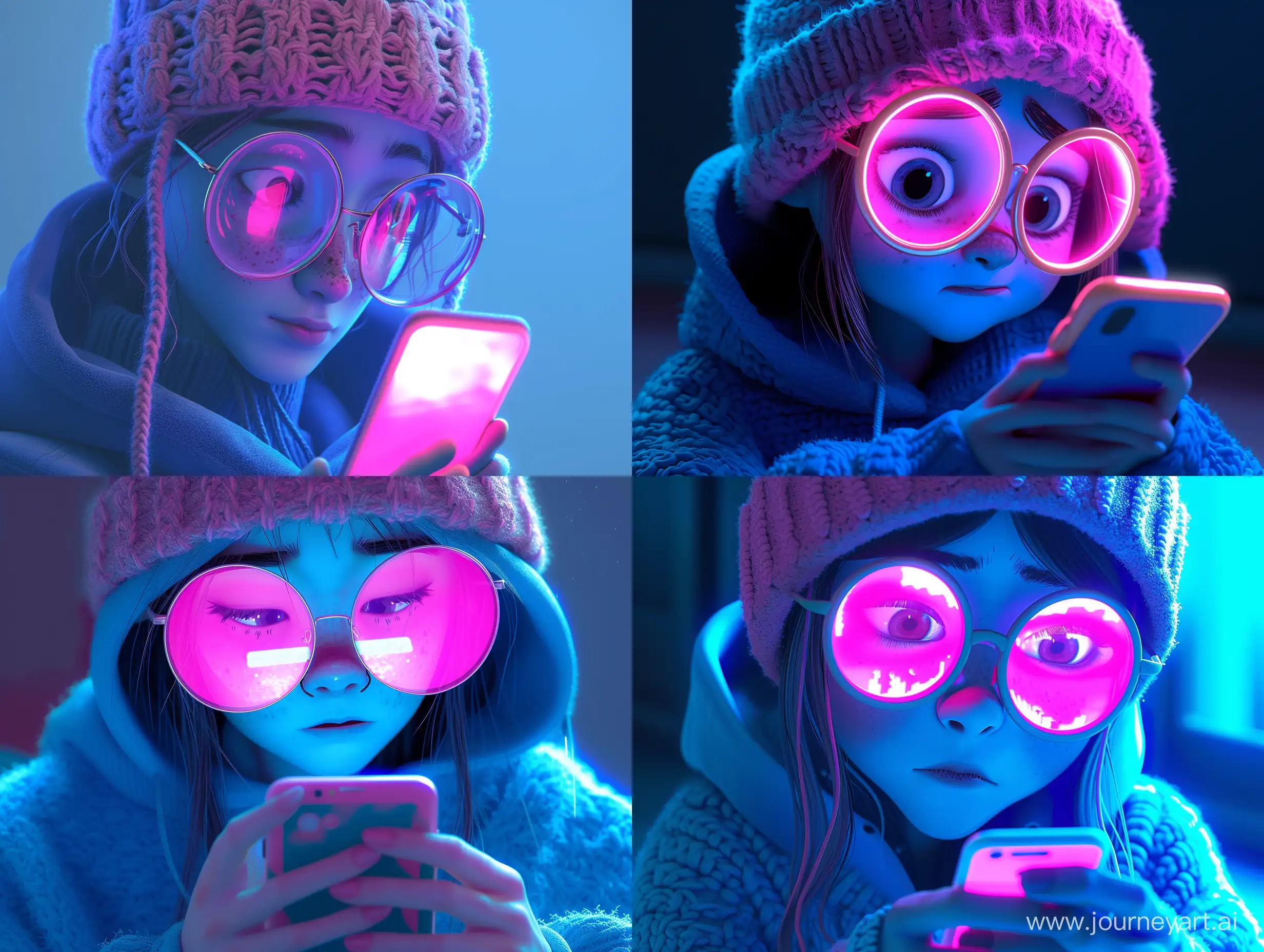 На изображении представлена анимированная девушка смотрящая на свой мобильный телефон. Она носит крупные очки с круглыми стеклами и розовую вязаную шапку. На ней также надета синяя толстовка с капюшоном. Освещение и цвета изображения придают ему неоновый, современный вид. В руках у девушки смартфон, экран которого освещает её лицо ярко-розовым светом, создавая контраст с остальной частью изображения, окрашенной в синие тона. Это стилизованное, возможно, вдохновленное поп-культурой изображение, которое может использоваться в различных медиаформатах.