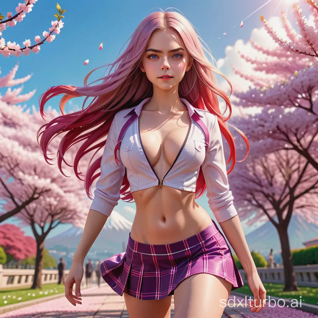 Busty Cara Delevingne as Zero Two,purple long hair,red horns,dressed in a unbuttoned school top and unzipped mini skirt,checkered colors,underboob,sensual face emotions,standing halfway around under falling cherry blossom petals,behind a huge volcano and a cherry blossom park,strong wind,volumetric shadows,real 3d,stunning details,hair blowing wind,perfect beautiful face,high quality eyes,plump lips,kawaii smiling,flat stomach,slender hips,perfect body,slim hips,style raw,masterpiece,best quality,32k,extremely detailed cg,vibrant color,sun shafts,ray-tracing.