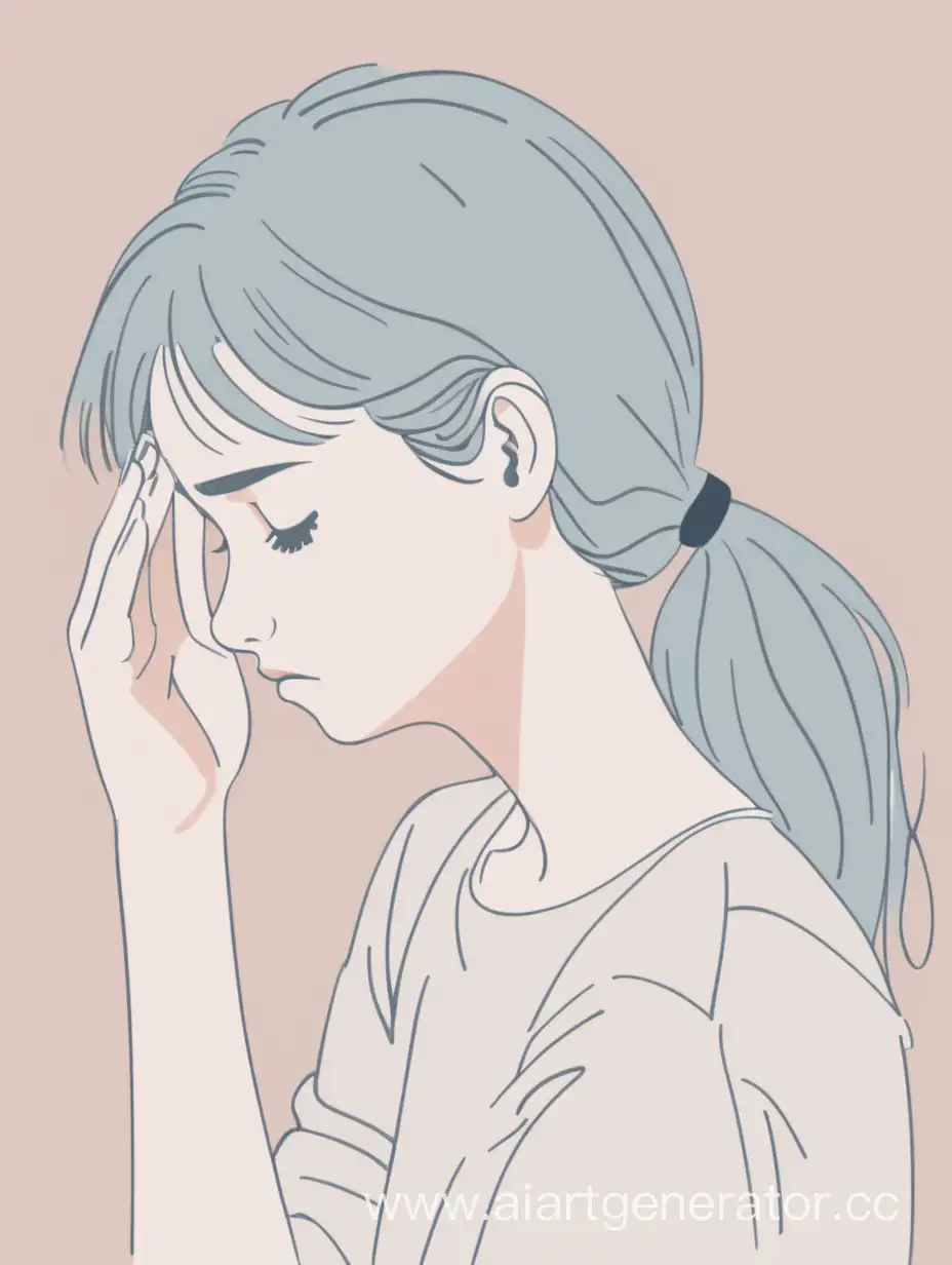 a young woman touching her head and has a headeche looking left and down, minimalistic illustration, pastel color, minimun color 