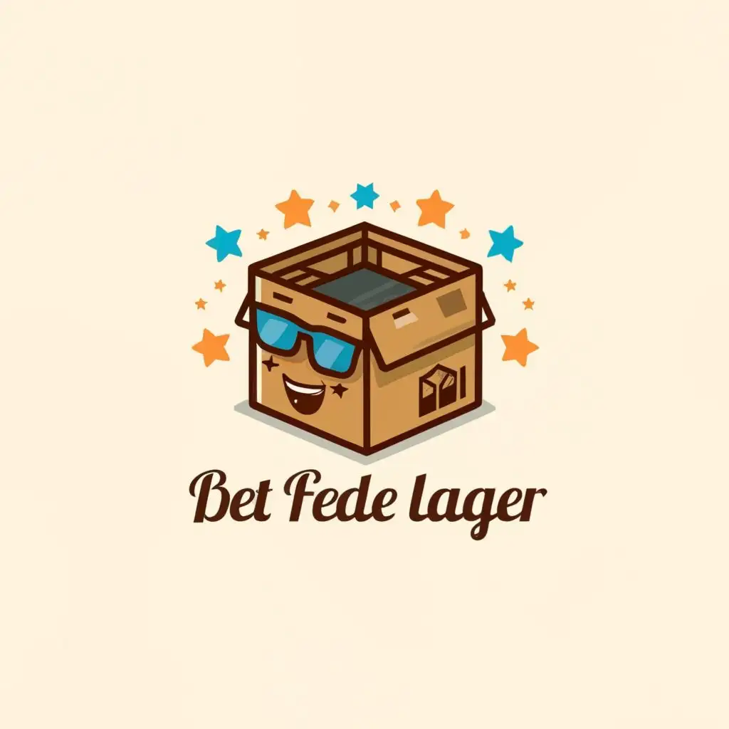 a logo design, with the text 'DET FEDE LAGER' in Danish as provided, main symbol: A cool cardboard shipping box, one face with sunglasses on one side of the box, stars spreading away from and around the symbol, logo name under symbol, Moderate, to be used in Internet industry, clear background
