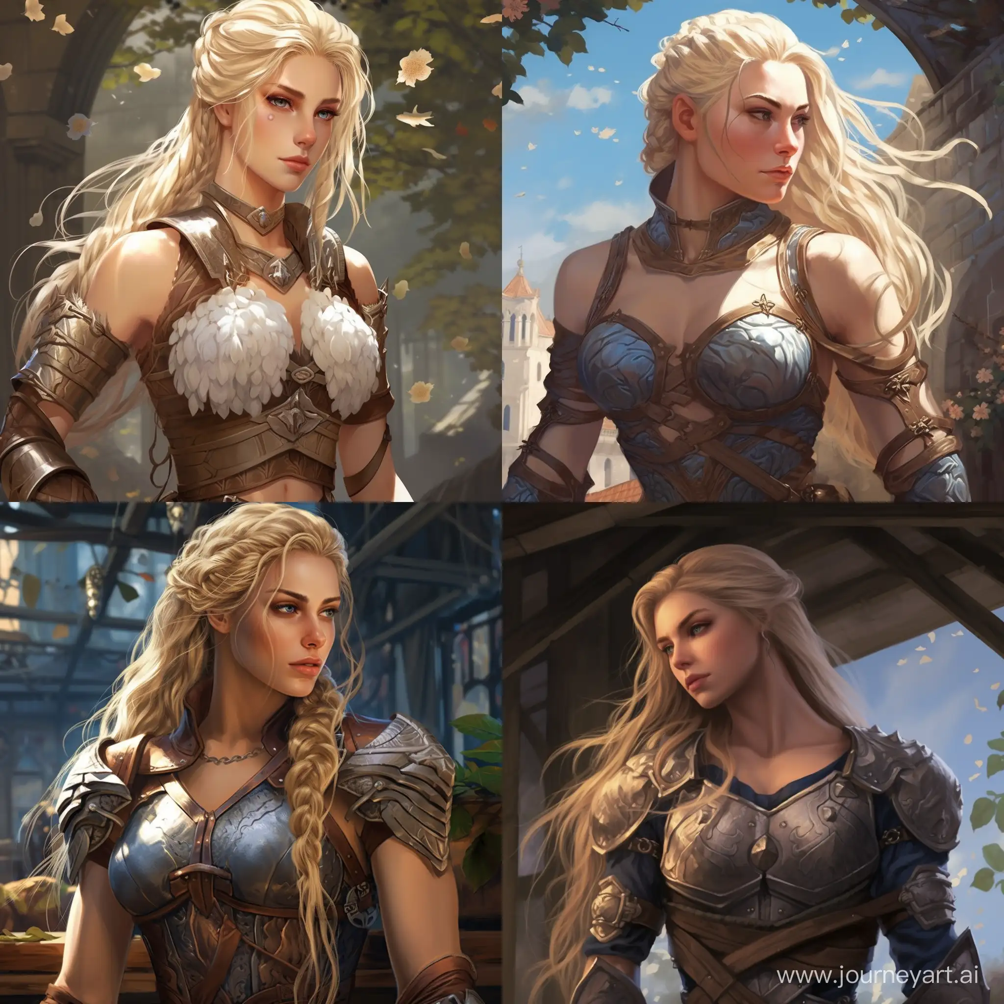 {{{braided ponytail}}},{{thick arms}},muscular female, blonde hair,blue eyes, big breasts, tall female, freckles,hair flower,armor