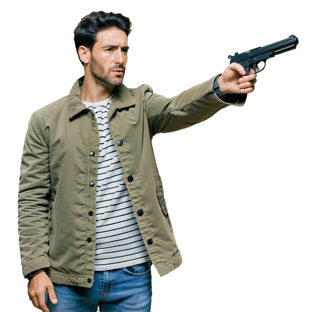 Cinematic shot of a man in his thirties, with short black hair and light skin wearing an olive green jacket over dark is pointing a gun at someone behind him while standing on concrete stairs outside. He has brown eyes. The scene takes place against gray walls in daytime, sunny conditions with natural lighting and no shadows or highlights. He's holding up one hand to see around. In front view. Shot in the style of Roger Deakins. Photography taken from behind the back