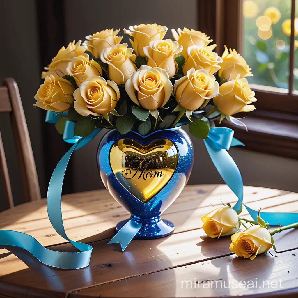 Mother's Day yellow roses in a heart shaped glitter vase with a beautiful blue ribbon sitting a beautiful wooden antique table with su rays shinning down