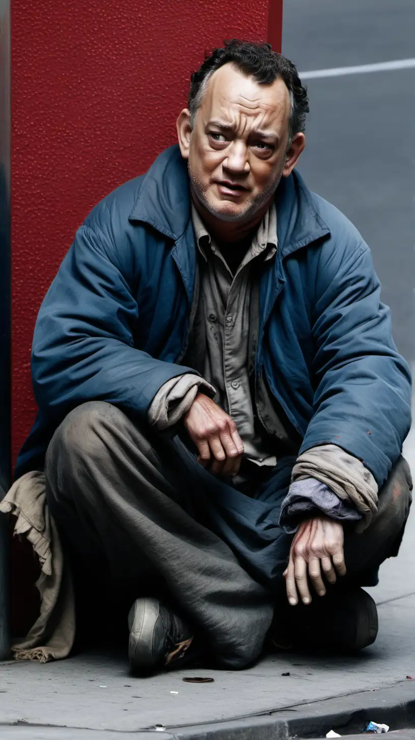 Tom Hanks dressed as a poor homeless in dirty clothes sitting at the corner of the street and begging for food with sad face