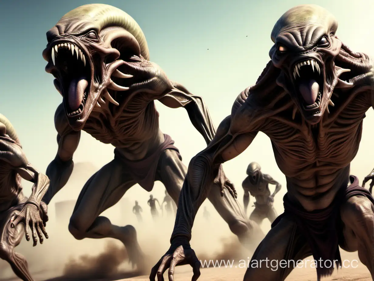 terrible aliens with huge mouths attack Arab warriors, ultra-realistic, high detail, 4k