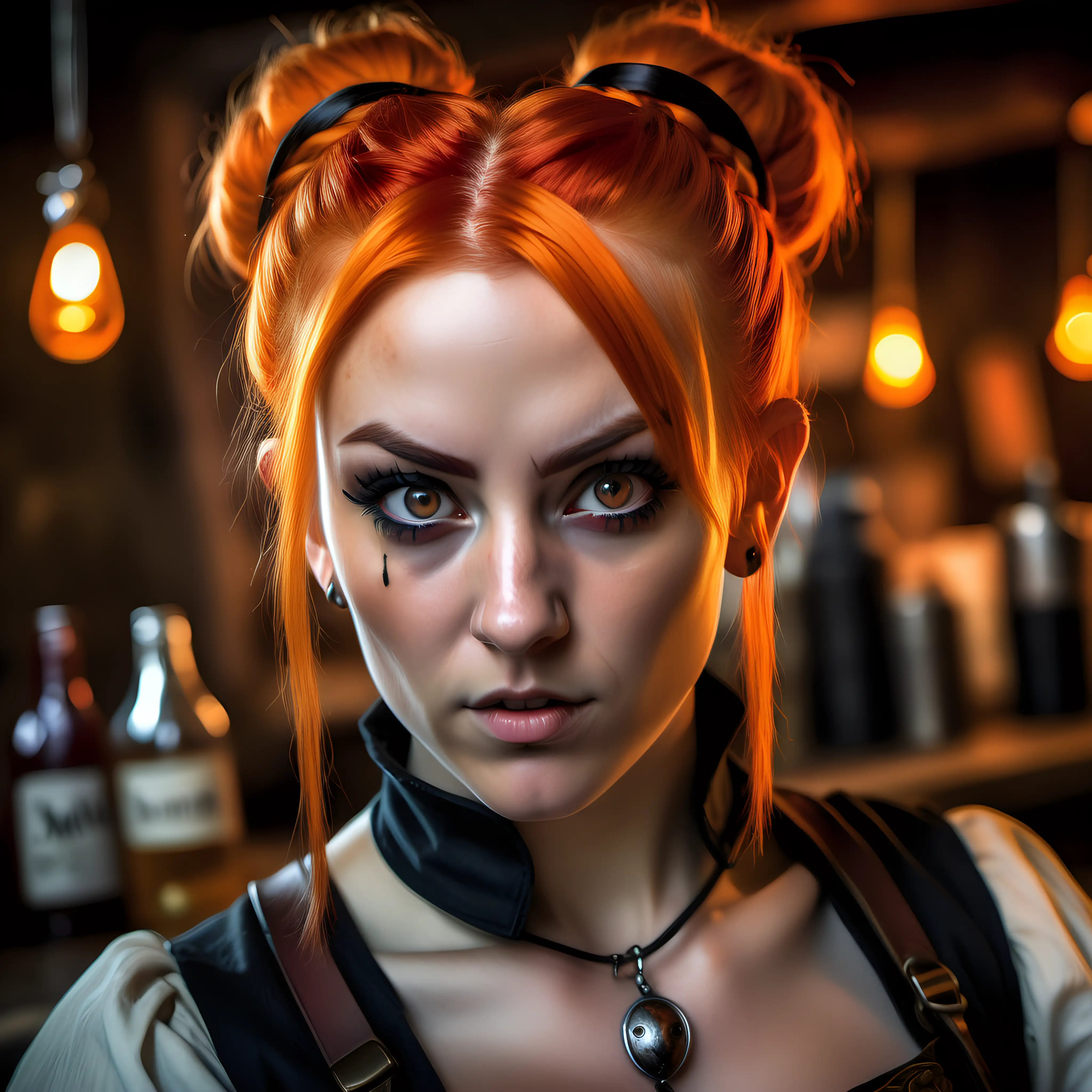 female rogue, expression of wonder, cute, strong, amulet necklace, small stud earrings, bright orange hair in a tight bun, detailed eyes, detailed face, bartending, medieval fantasy, small tavern, super detailed, hyper realistic photography, head shot, face only, extreme closeup