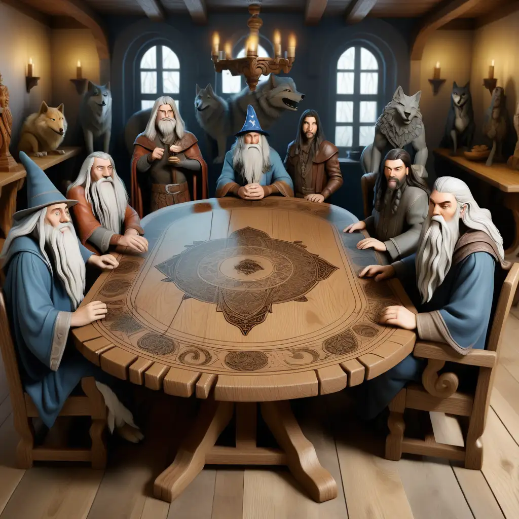 Enchanting Meeting Wizard Wolf and Men Gather Around Ornate Oak Table