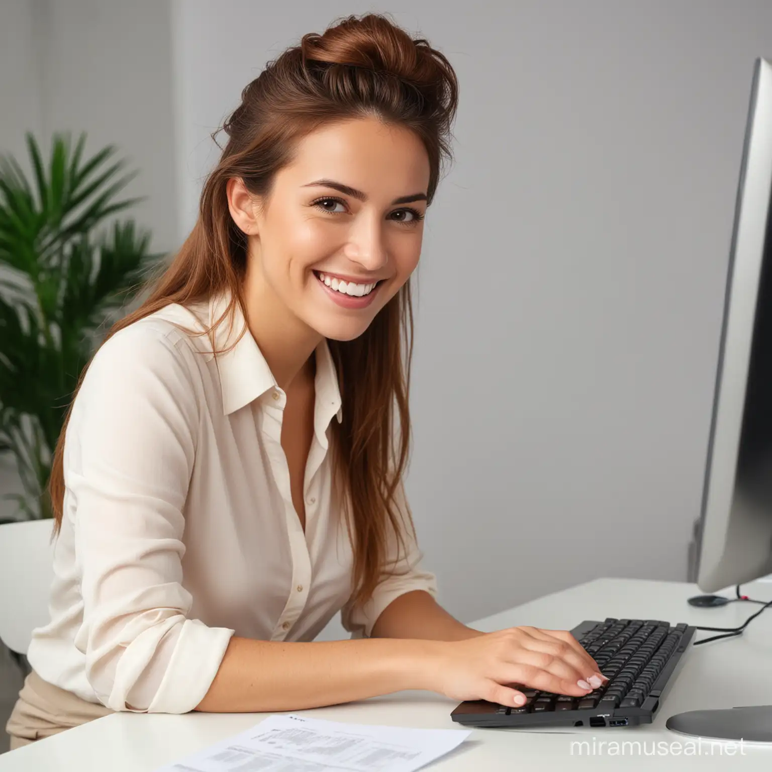 Joyful Woman Using Computer in Modern Office Setting