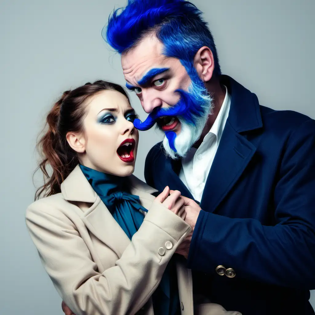 man with blue beard strangling elegant woman in coat