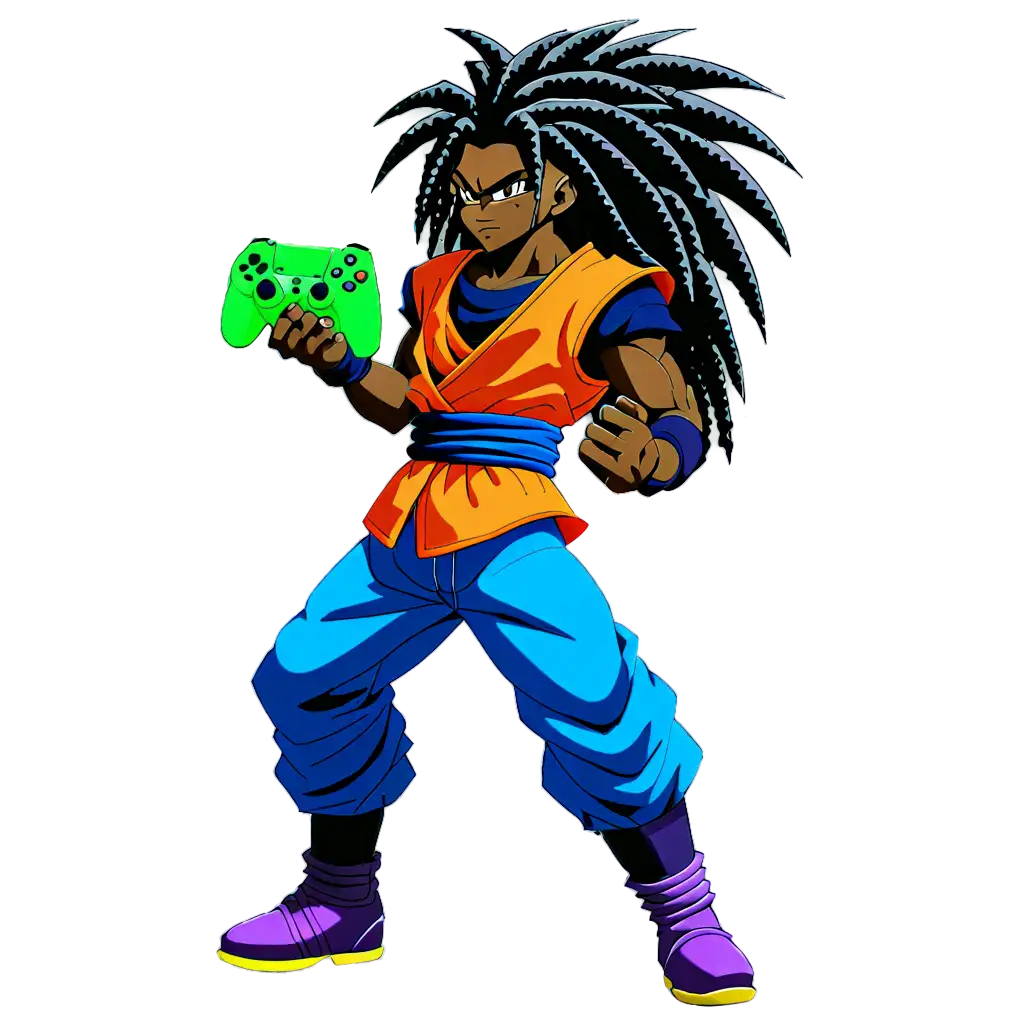 In the style of dragon Ball z anime, create a powerful black man with long dreadlocks holding a PS4 controller for his clothes only use the  colors of neon green metallic purple black and grey for his clothes with a powerful aura around him with the same colors 