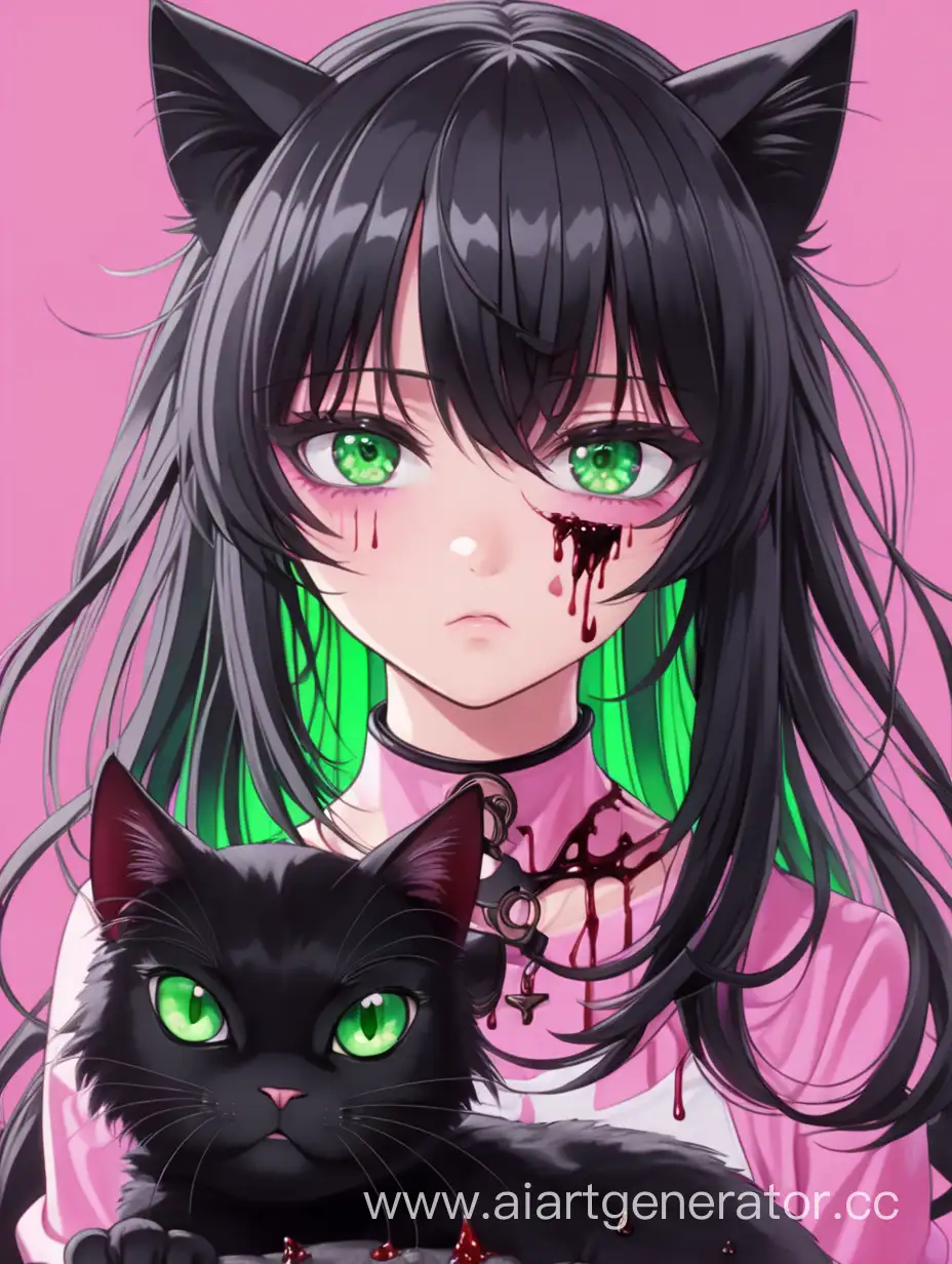 розовый фон, аниме девушка с черными волосами и зелеными глазами , черный кот с зелеными глазами  , капли крови