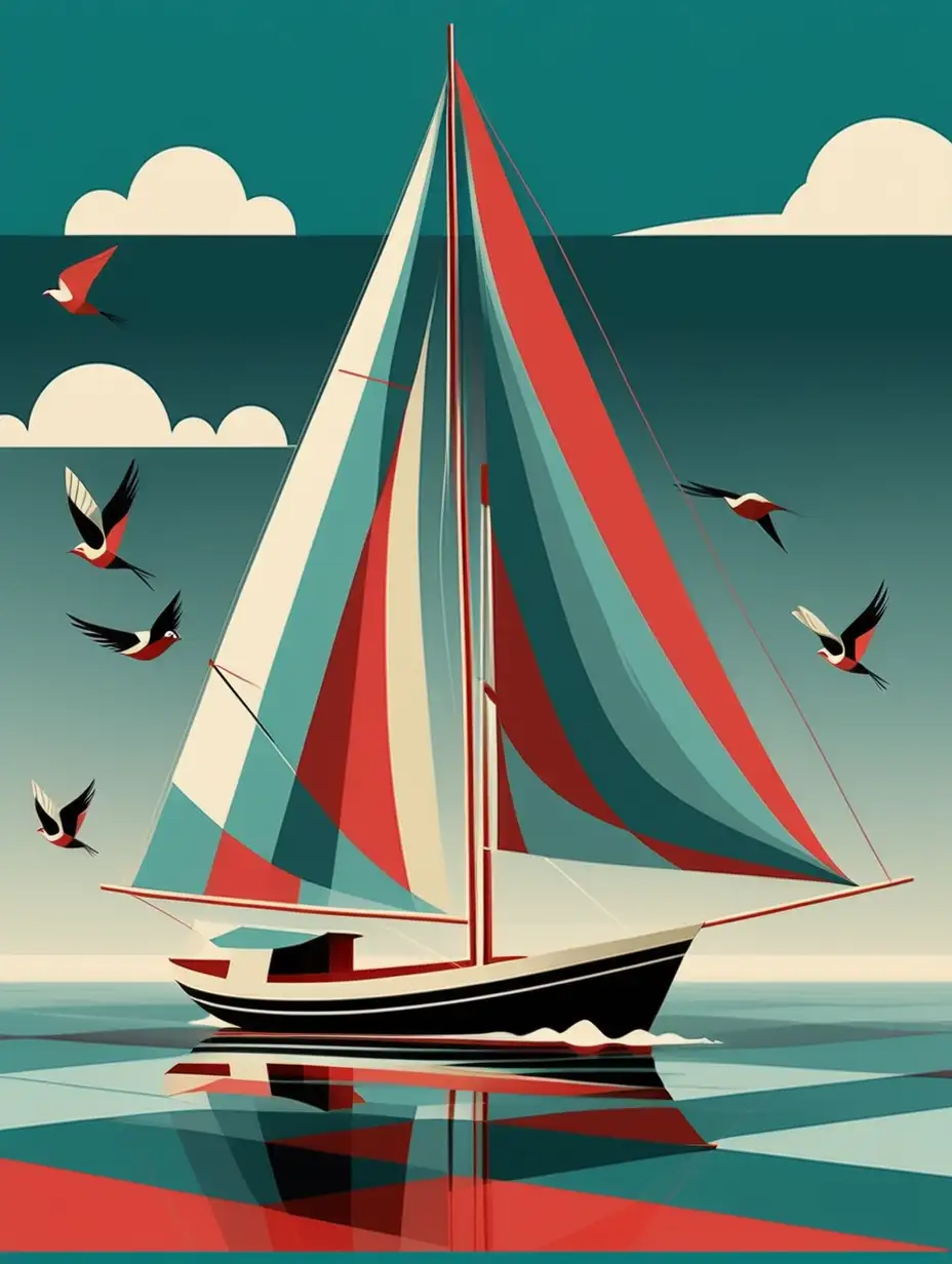 Cubist Sailing Boat Vintage Poster Design