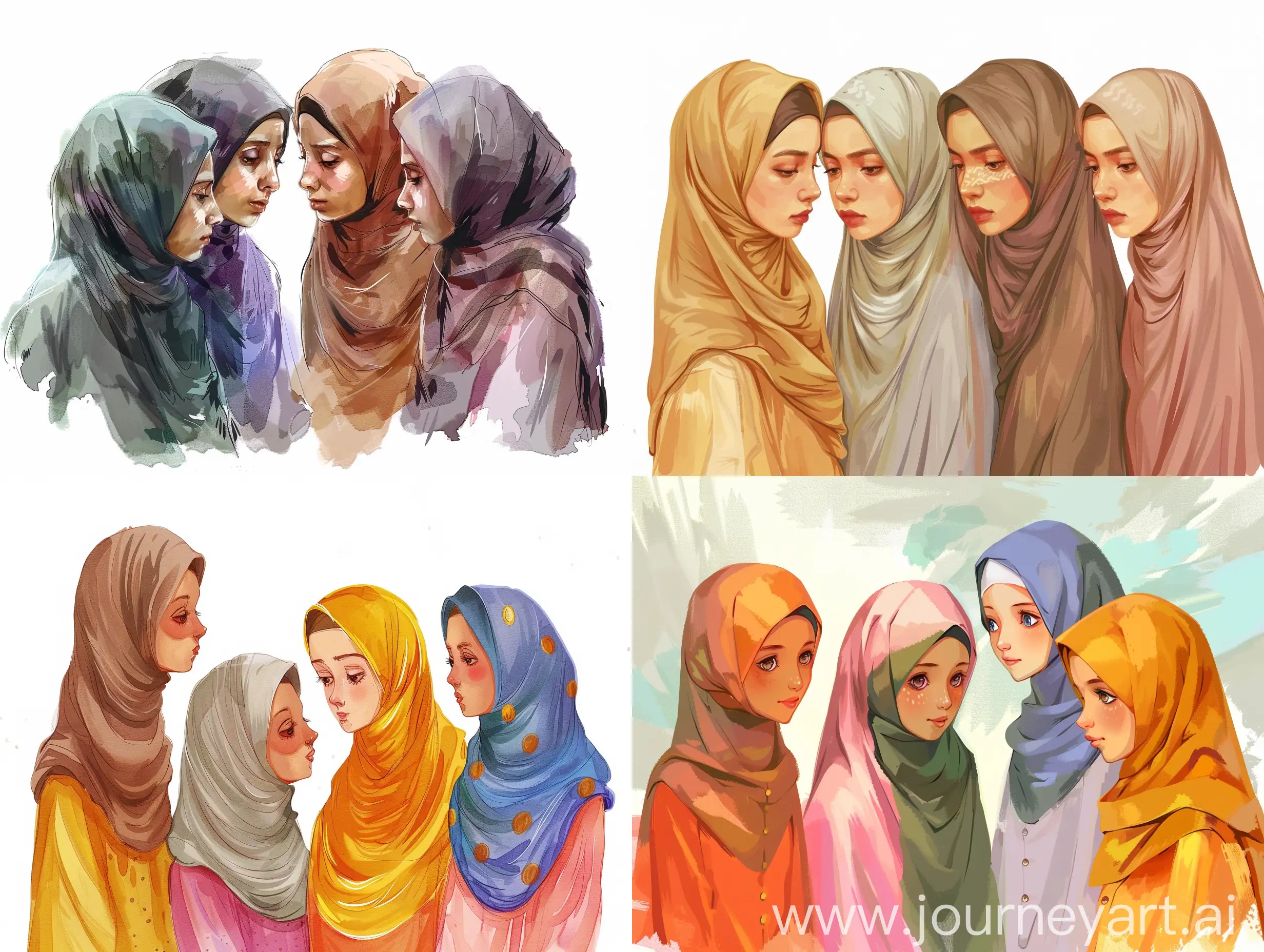 four muslim girls looking at the down, button view, realistic, burqa, islamic dress, real life