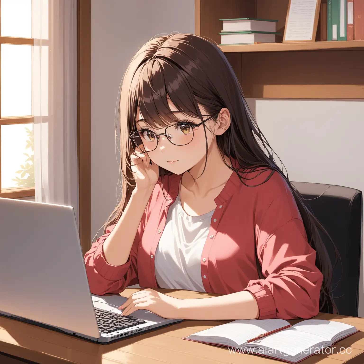 девушка сидит за компьютером и учиться дома