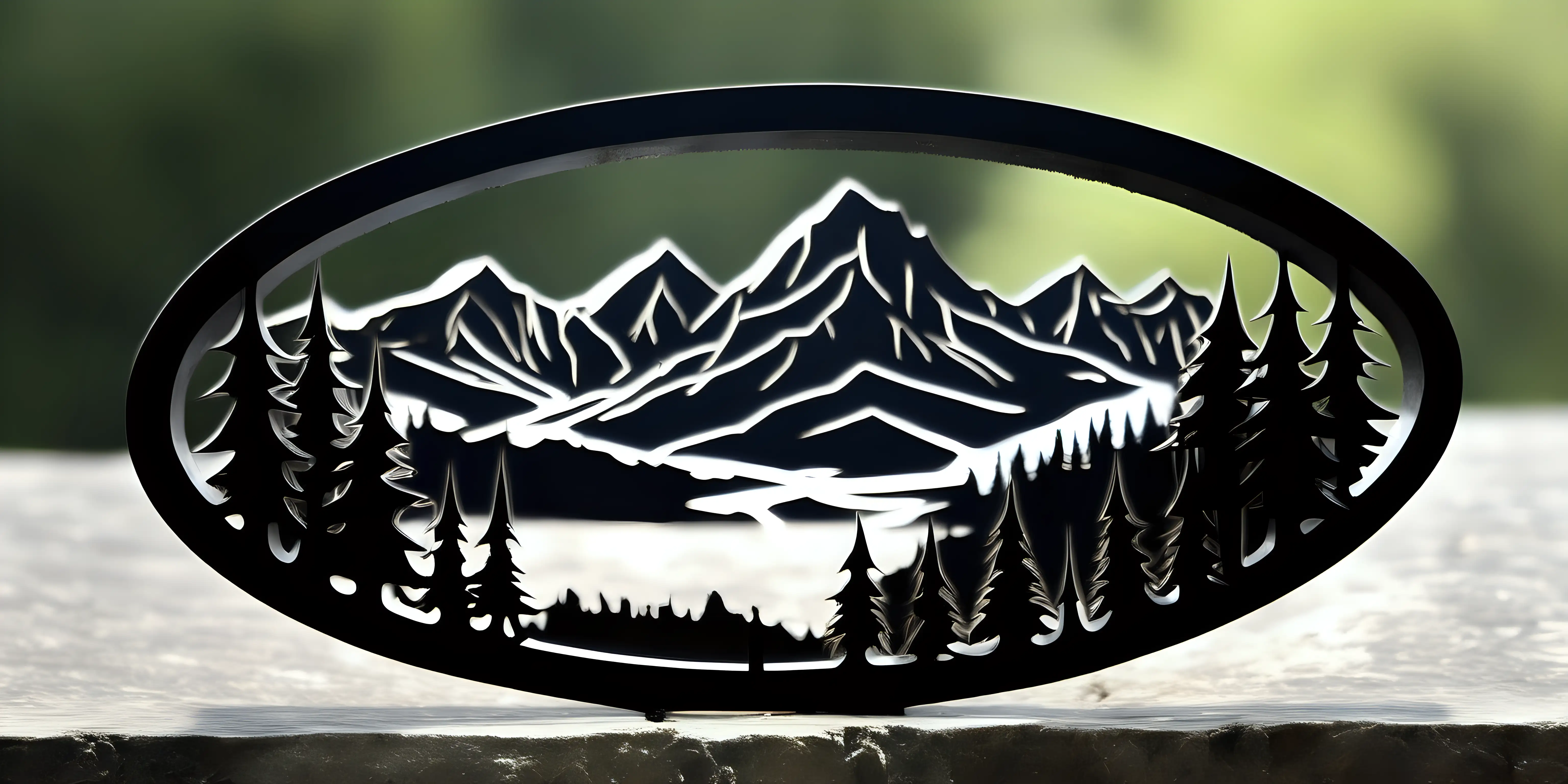 Plasma Cut Black Steel Oval with Mountain Silhouette Art