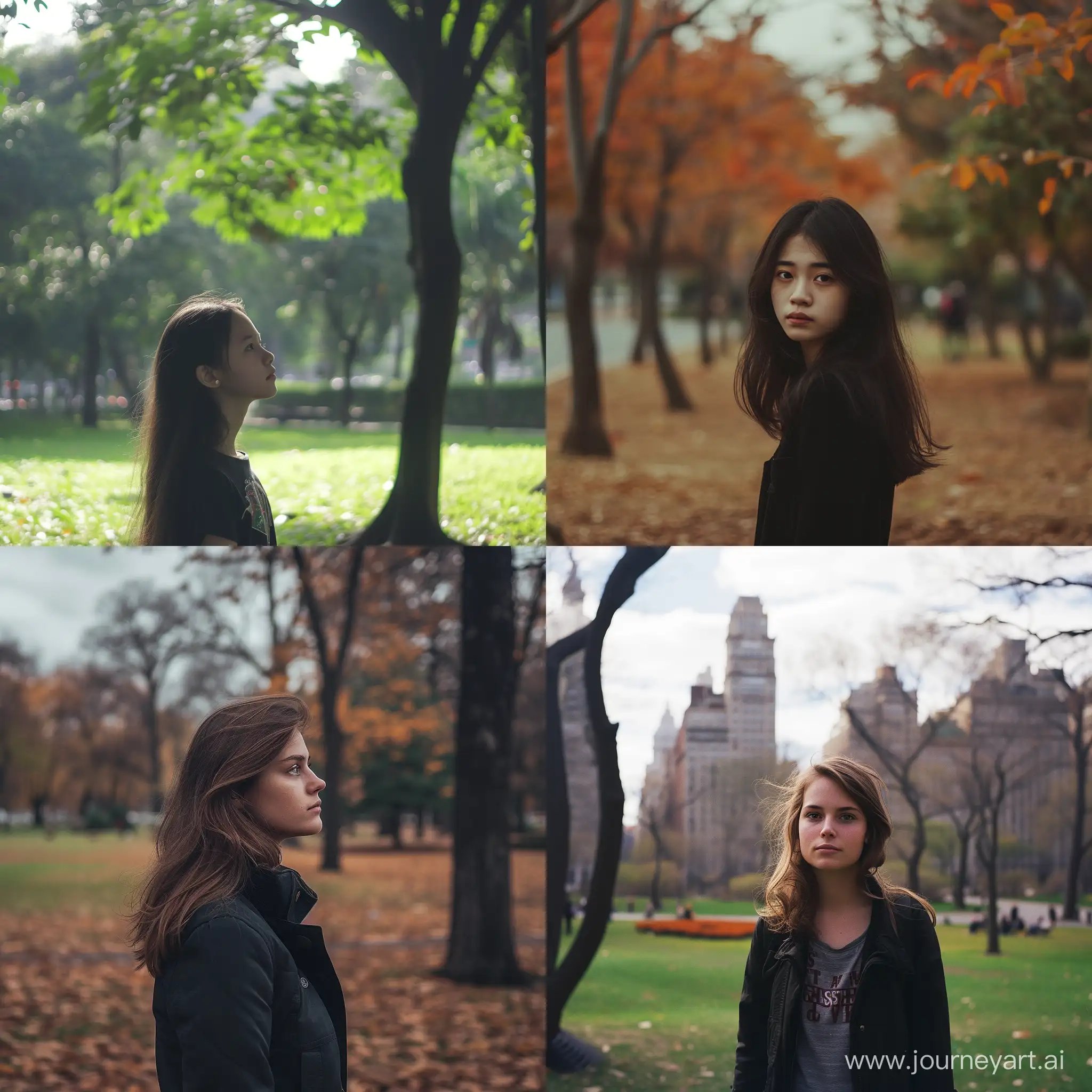 a girl standing in park , background and girl both in focus ,