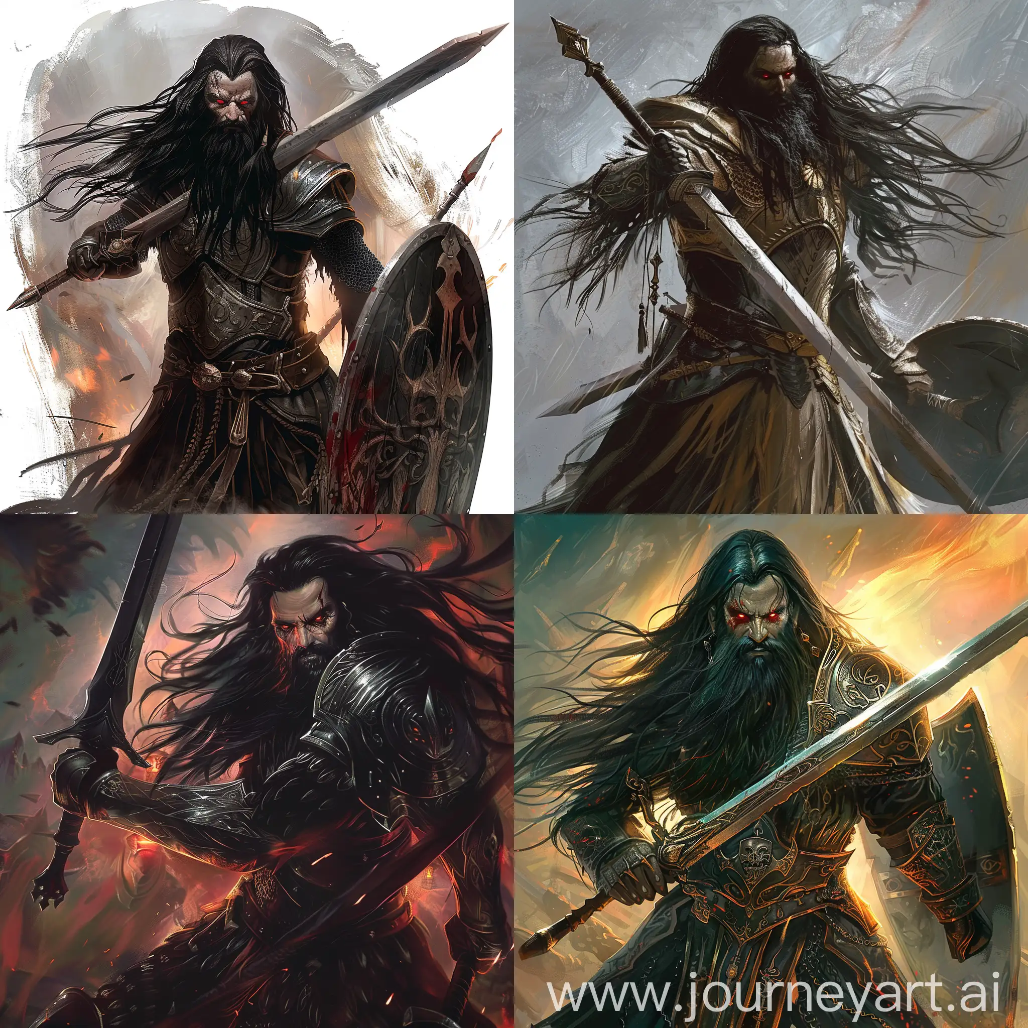 a paladin knigt with long sword in hand and long shield in other hand with long black hair with black beard and red eyes
