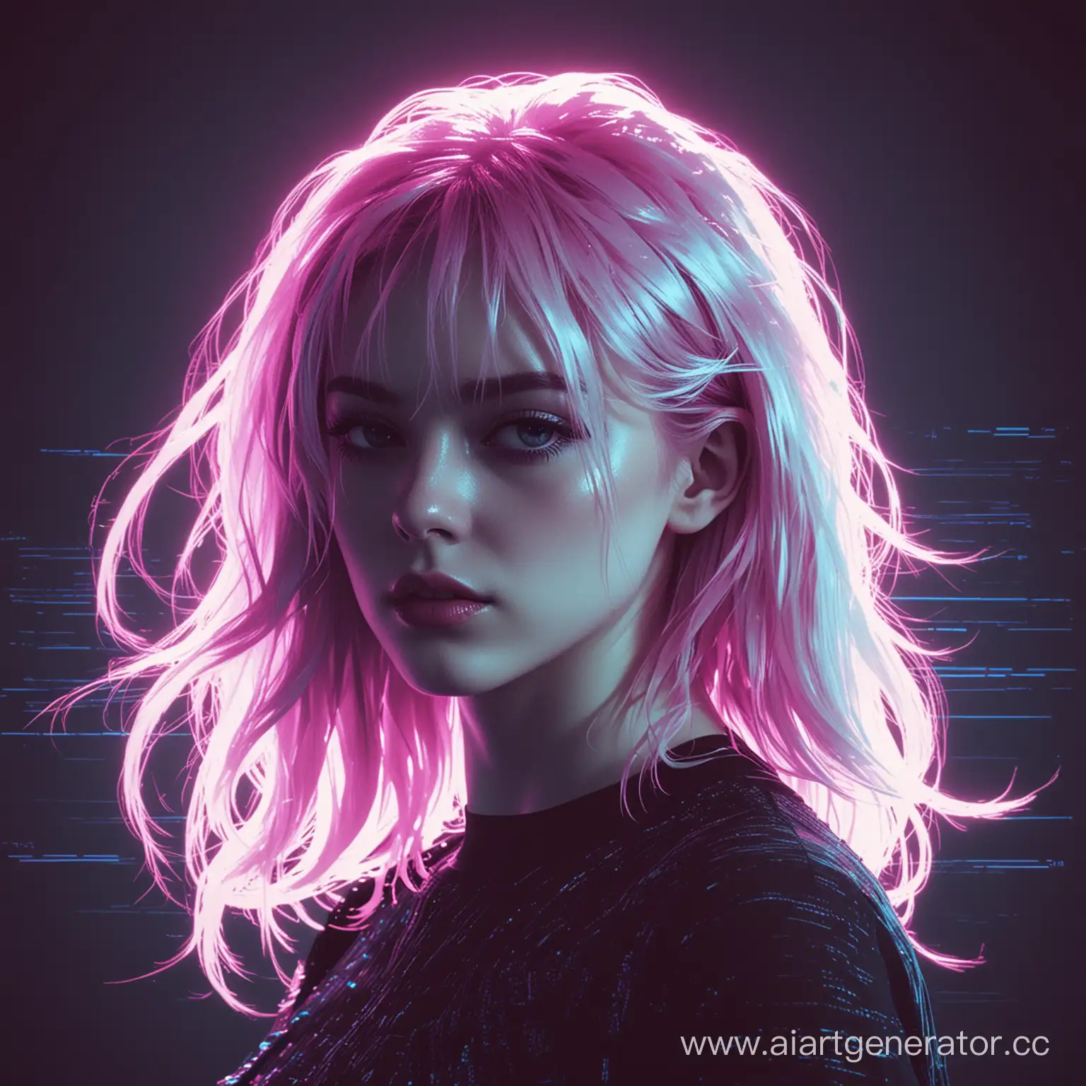 aesthetics white silhouette of a girl, retro glitch effect, waves of glitches and pixels, pink-blue filter, goth dark style