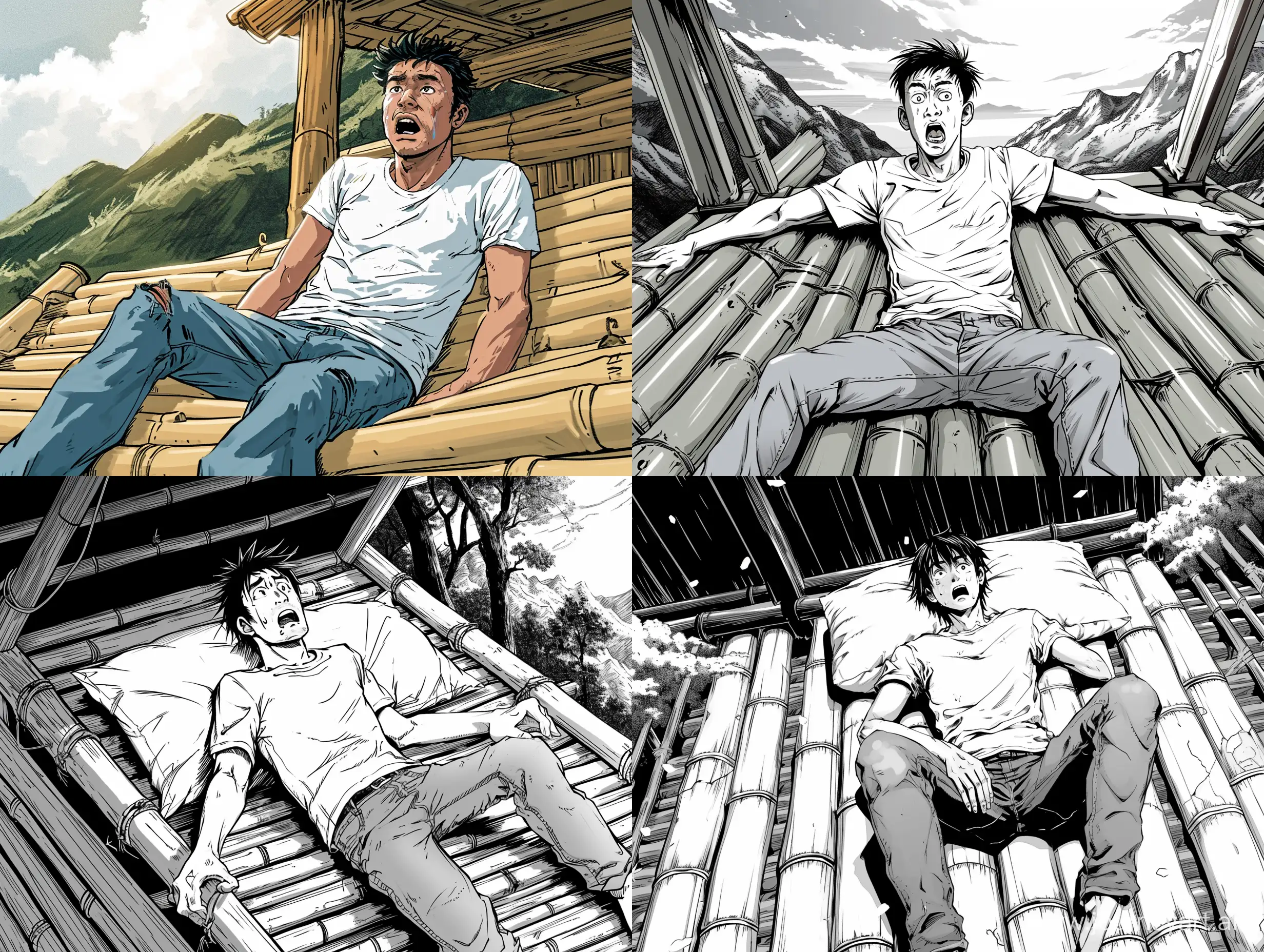 a manga panel, best quality, a man wake up suddenly on a bamboo bed, the man is very shock and worry, sit up quickly, speed effect, White T-shirt and Jeans, in a wooden cabin on the mountain  --v 6 --ar 4:3 --q 2
