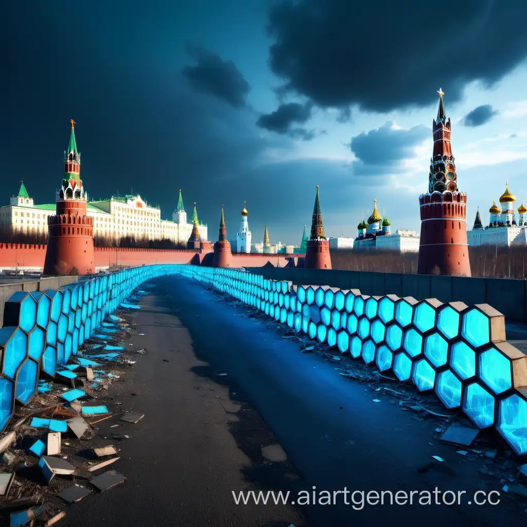 dilapidated Moscow post-apocalypse, background, view of the Kremlin, a protective blue luminous barrier of hexagons ON  sky