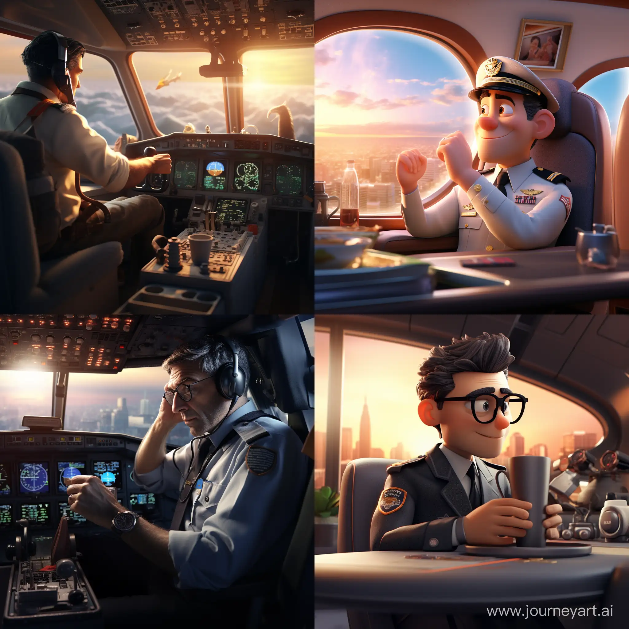 Pilot-Enjoying-Coffee-at-Airplane-Controls-in-3D-Animation