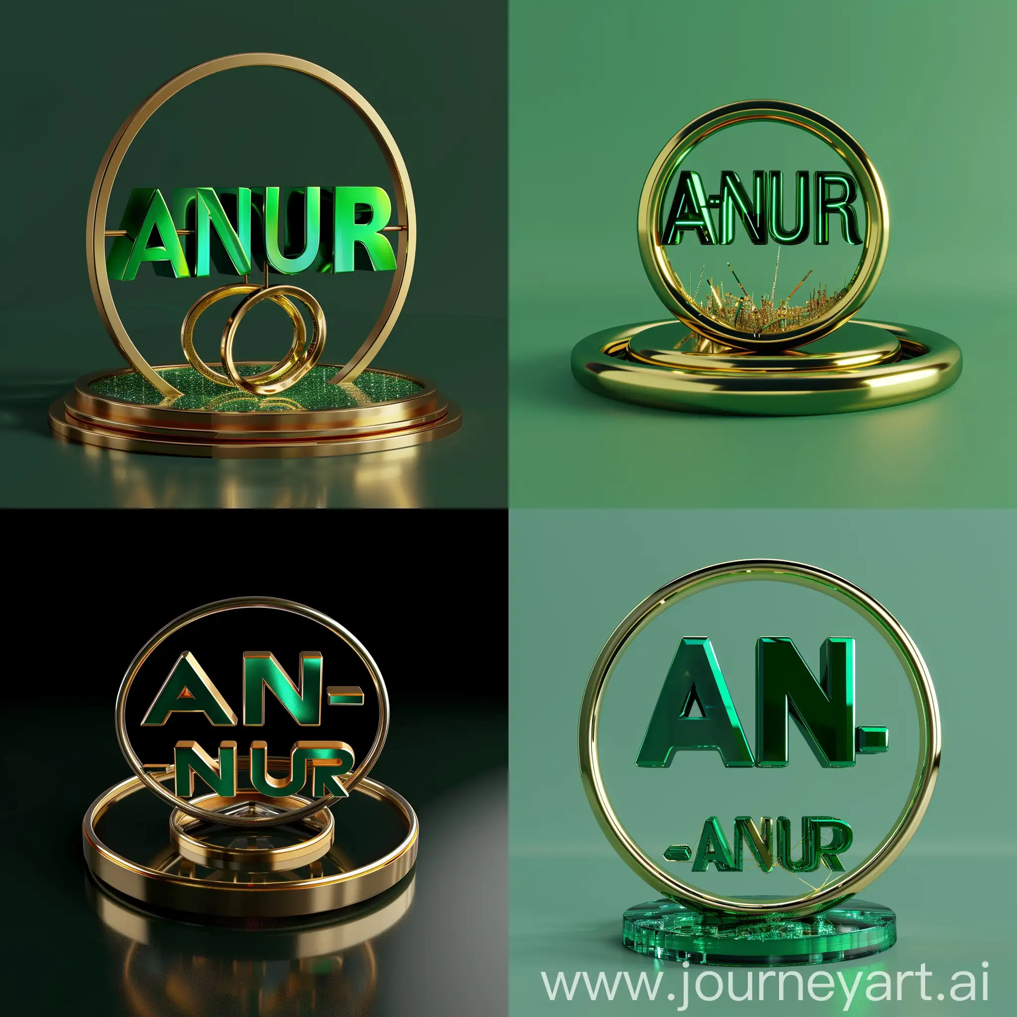 3d logo text "AN-NUR" green metallic colour stand on middle stage gold cyrcle