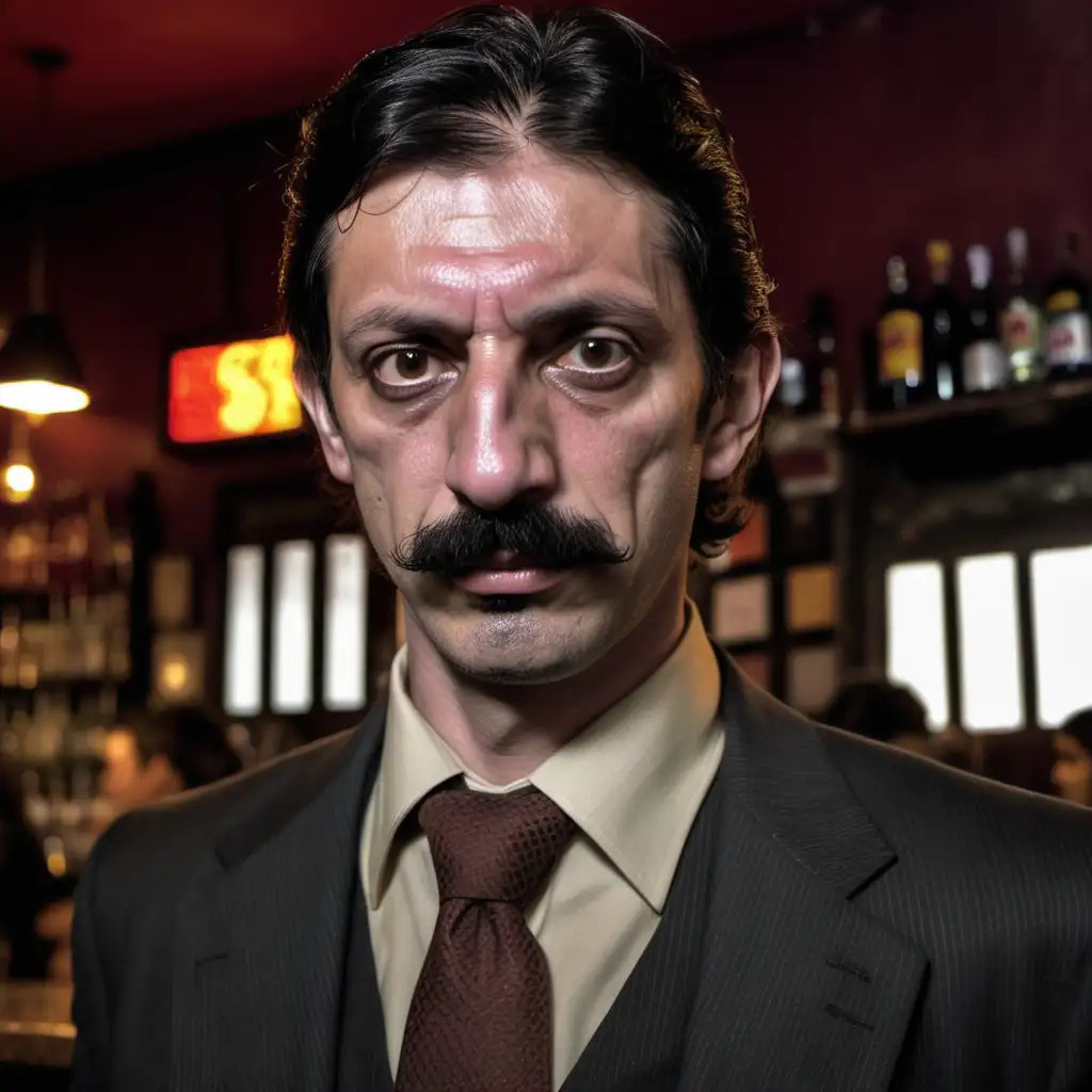A very pale, thin gruff looking spanish man in a cheap looking dark coloured and well worn suit. He has a moustache and heavy stubble, shoulder length brown hair with a centre part, that hangs freely, fierce aggressive eyes. In the background a bar in lima, peru