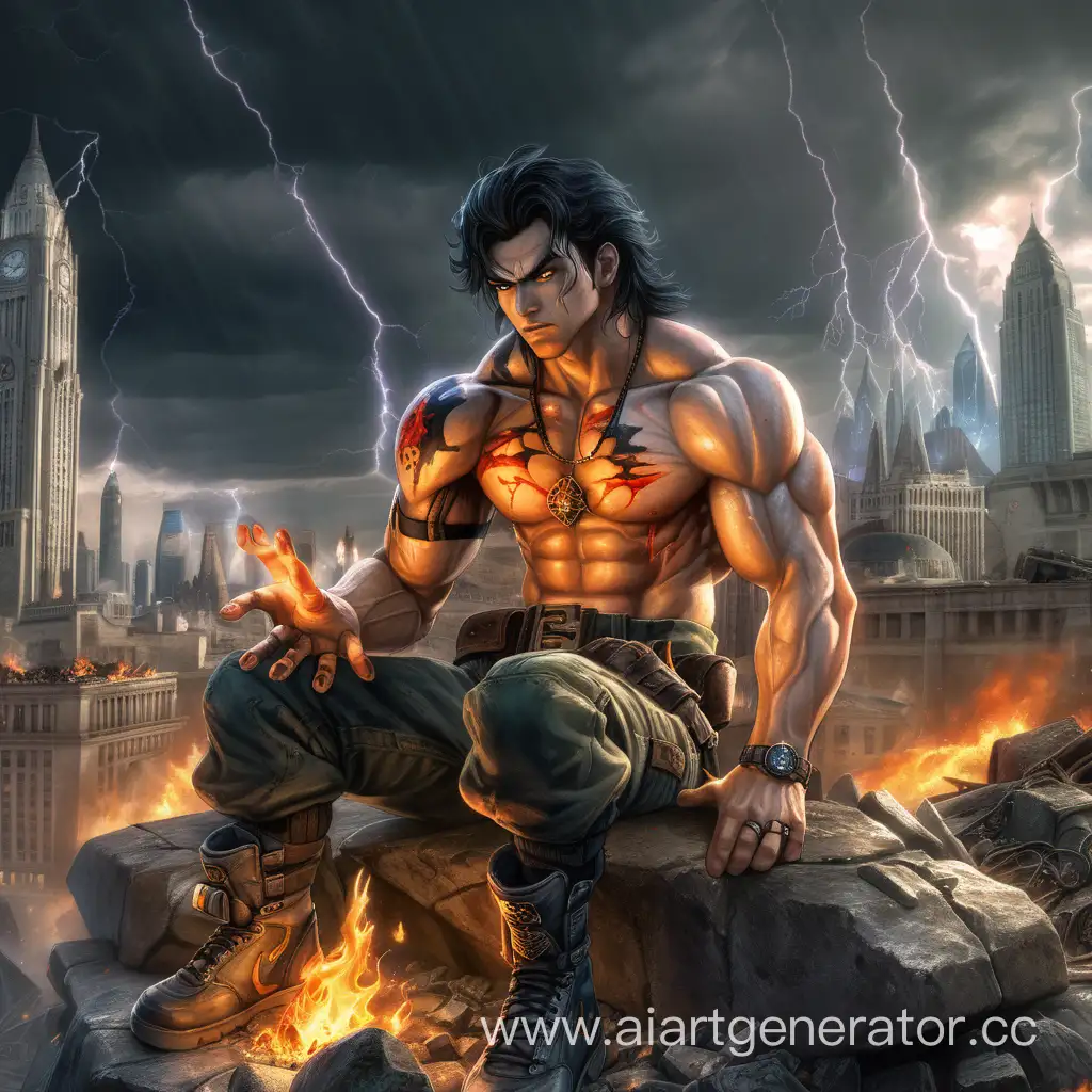 Powerful-Fire-and-Lightning-Mage-amidst-Ruined-City-Battling-Zombies