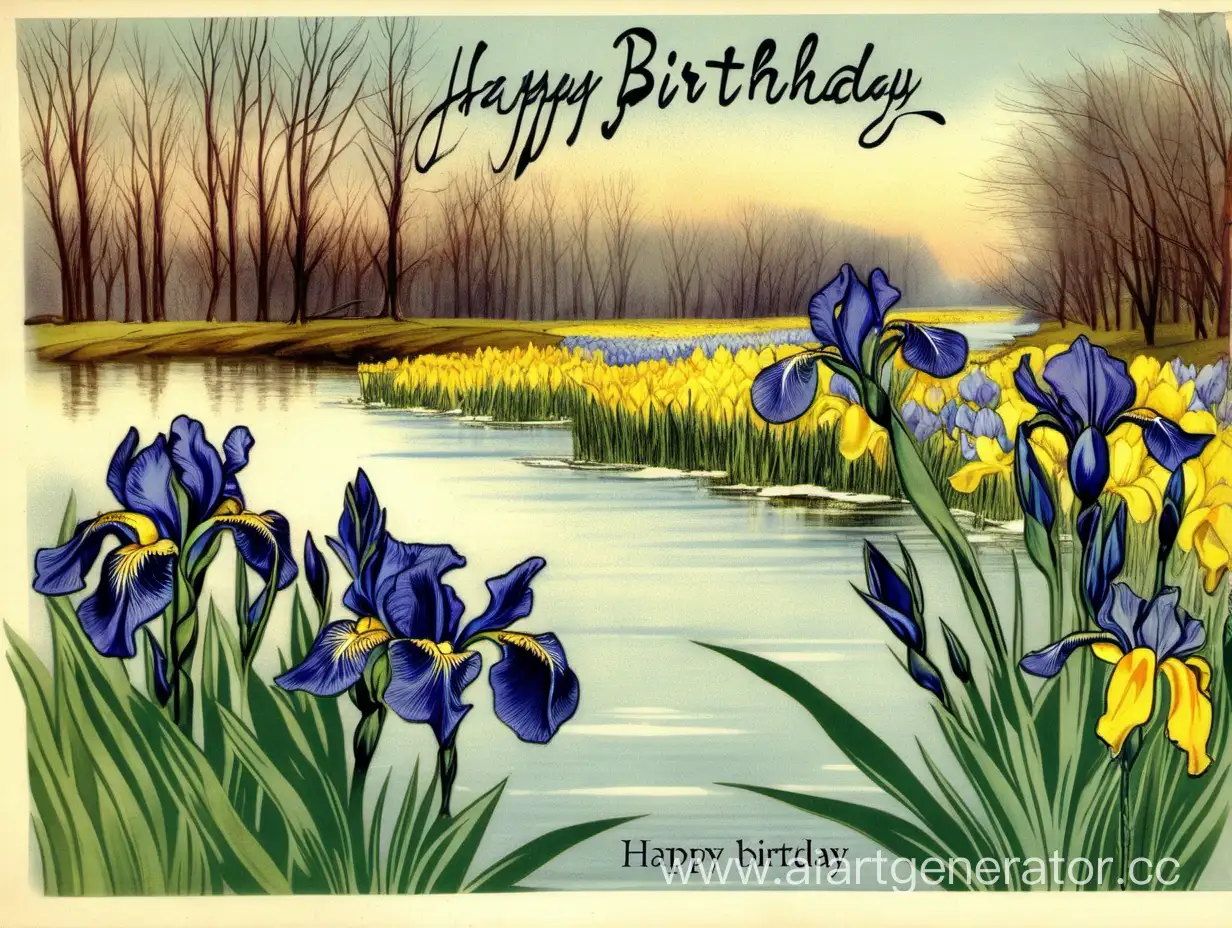 день рождения, весна,  весенняя река, льдинки, рыбка, голубые и желтые ирисы по берегам, надпись внизу "С дем рожденья"