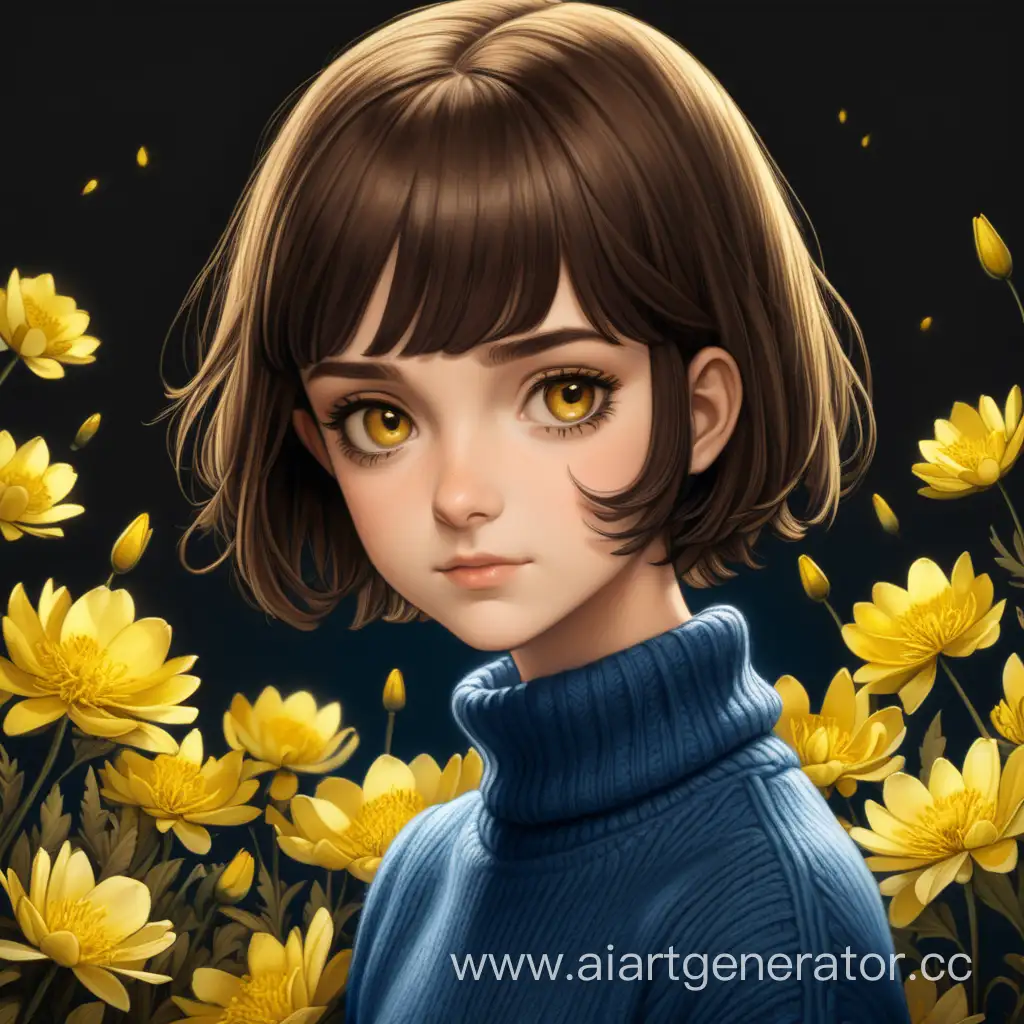 Brunette-Girl-in-Blue-Sweater-Surrounded-by-Yellow-Flowers-in-Dark-Forest