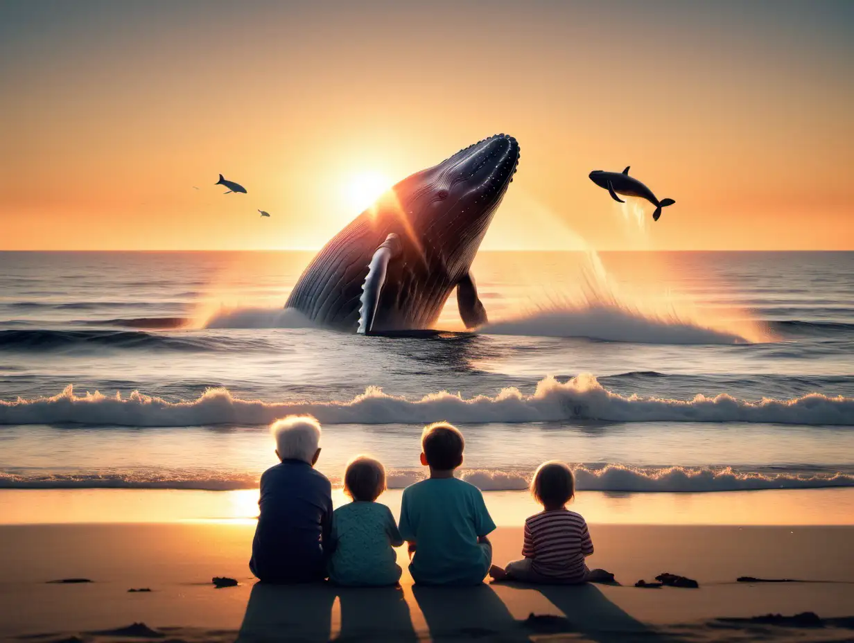 small children and an old couple sitting on the beach  watching whales jumping out of the water at sunrise