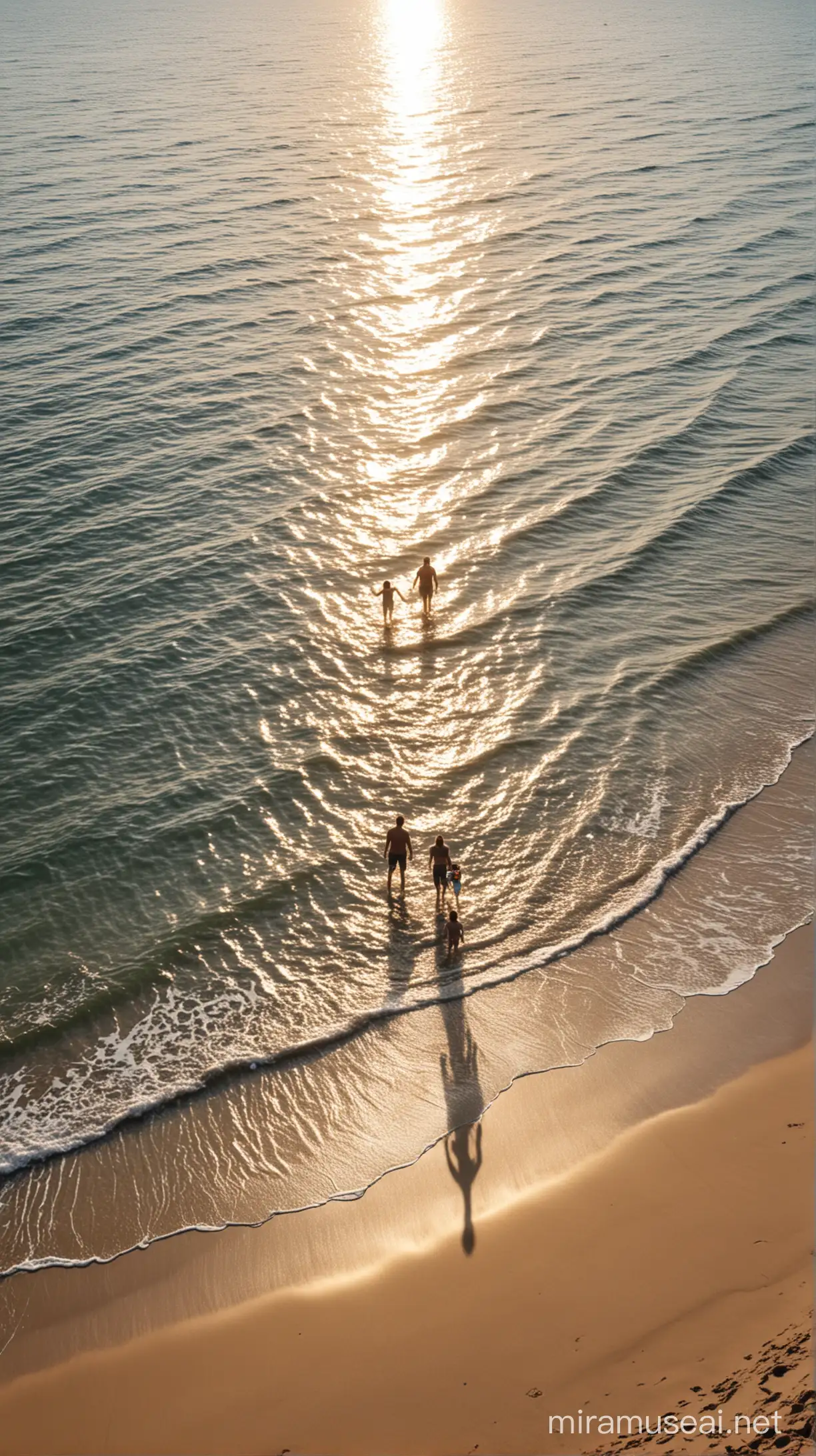 阳光照在海面上，海面平静没有波澜，一家三口在海边沙滩上散步